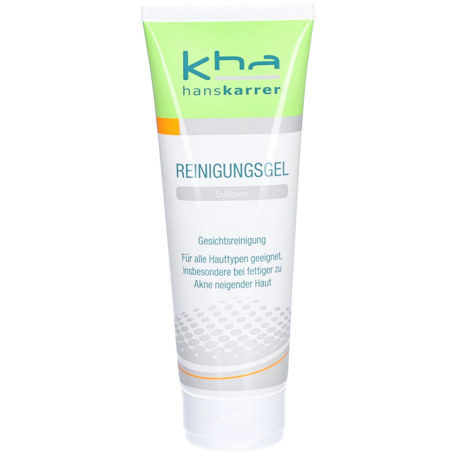 Grüne Tube mit Reinigungs-Gel. Aufschrift: kha hanskarrer, REINIGUNGSGEL Silver. Für alle Hauttypen geeignet.