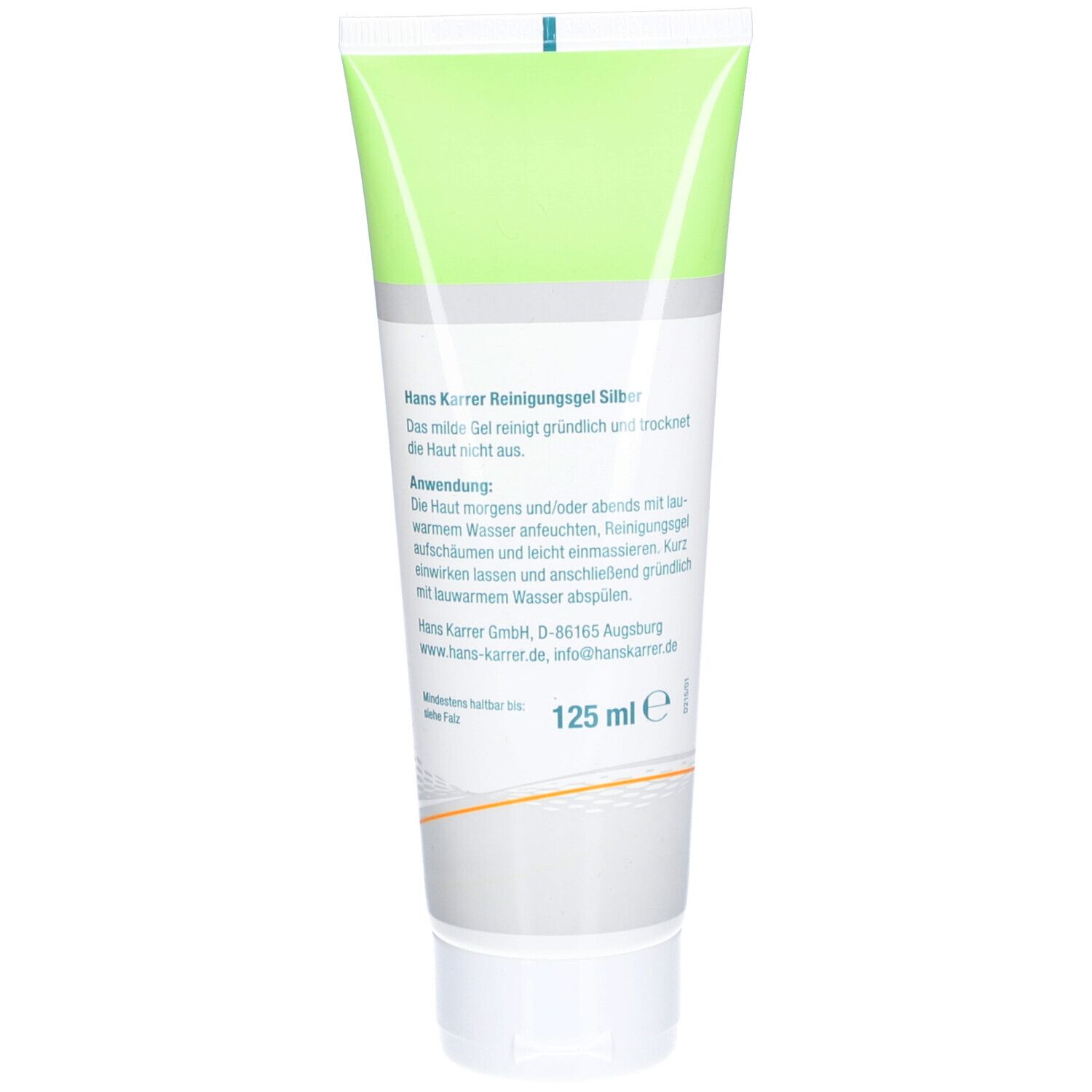 Rückseite der Tube mit Produktinformationen. Text: Hans Karrer Reinigungsgel Silver. 125 ml.