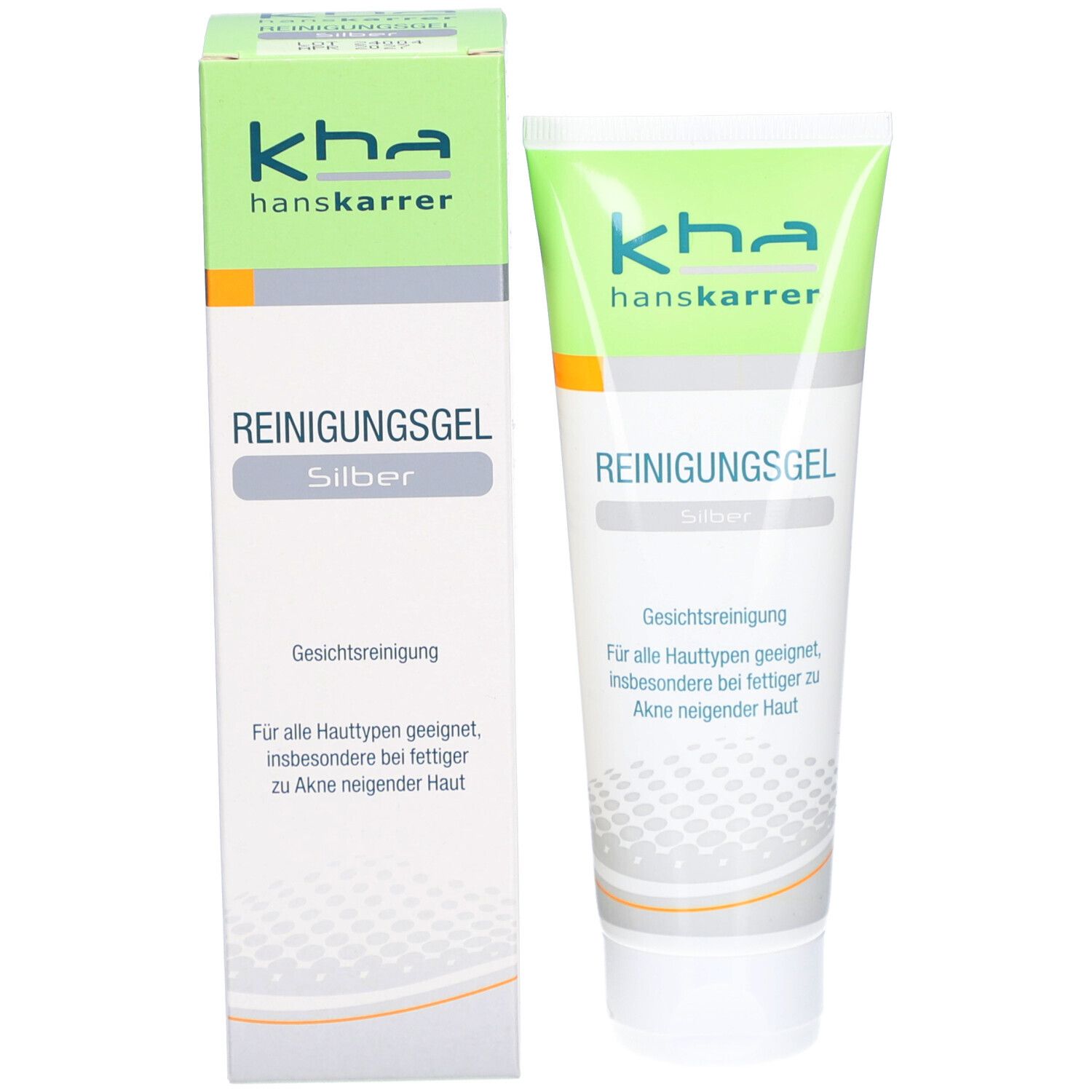 Produktverpackung. Tube und Schachtel. Aufschrift: kha hanskarrer, REINIGUNGSGEL Silver. Für alle Hauttypen geeignet.