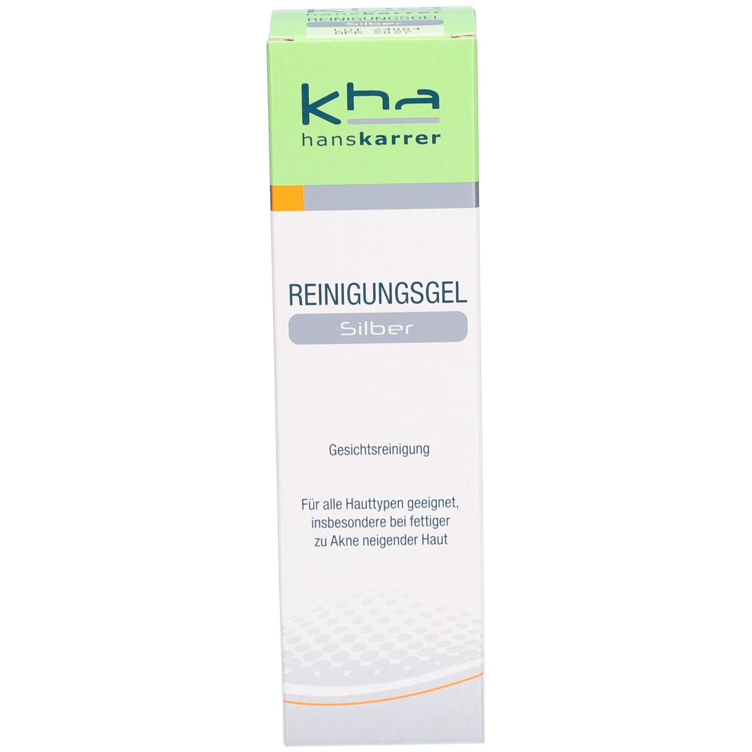 Schachtel mit Reinigungs-Gel. Aufschrift: kha hanskarrer, REINIGUNGSGEL Silver. Für alle Hauttypen geeignet.