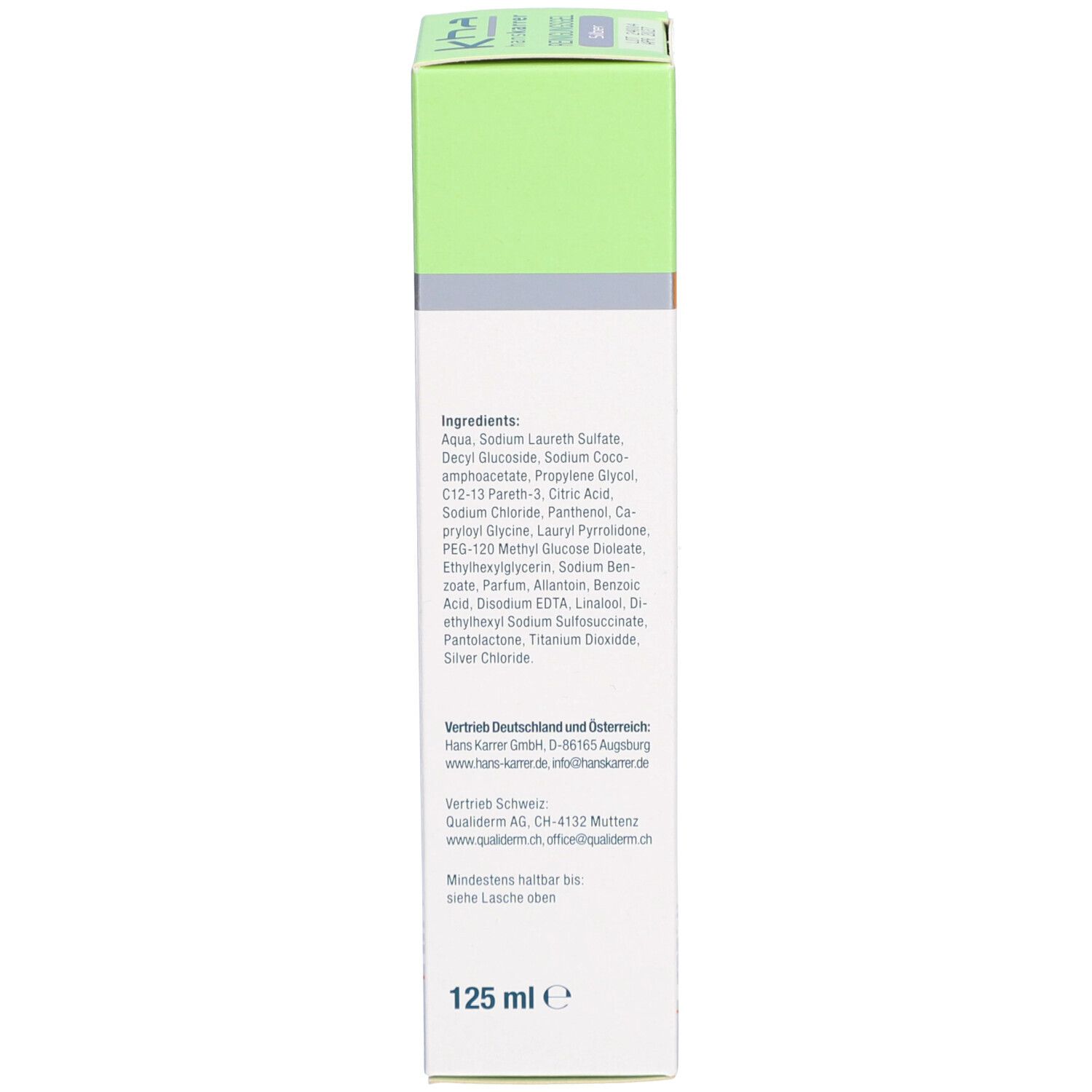 Rückseite der Schachtel mit Inhaltsstoffen. Text: Aqua, Sodium Laureth Sulfate, usw. 125 ml.