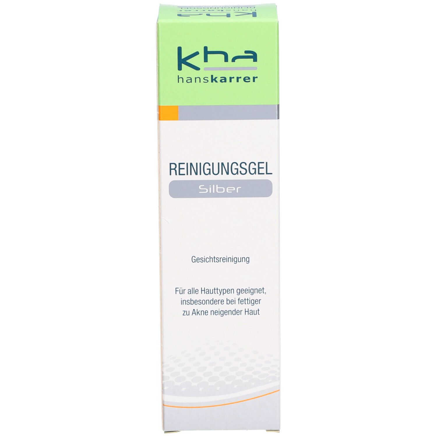 Schachtel mit Reinigungs-Gel. Aufschrift: kha hanskarrer, REINIGUNGSGEL Silver. Für alle Hauttypen geeignet.