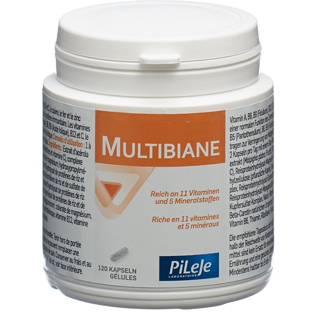 Boîte blanche avec étiquette "Multibiane". Contient 120 gélules. Étiquette orange avec informations produit.