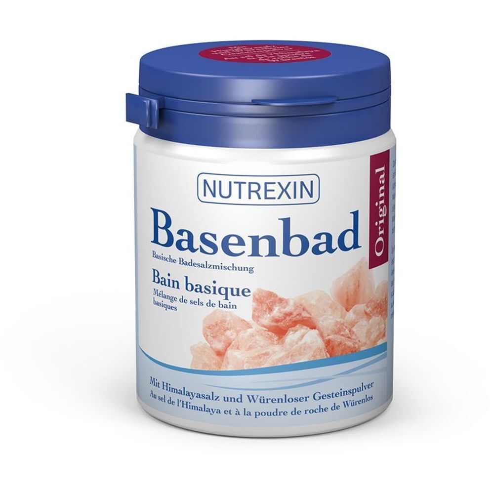 Weißer Behälter mit blauem Deckel. Aufschrift: Nutrexin Basenbad. Abbildung von Kristallen. Original.