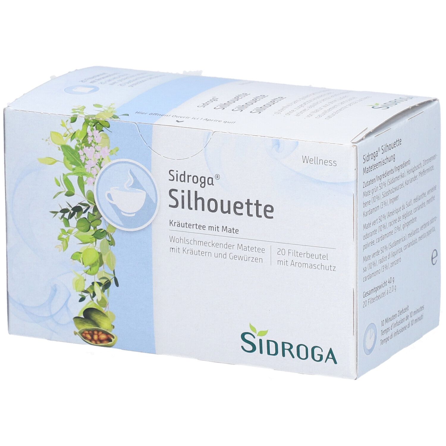 Karton mit SIDROGA Silhouette Kräutertee. 20 Filterbeutel mit Aromaschutz. Logo und Produktbezeichnung.