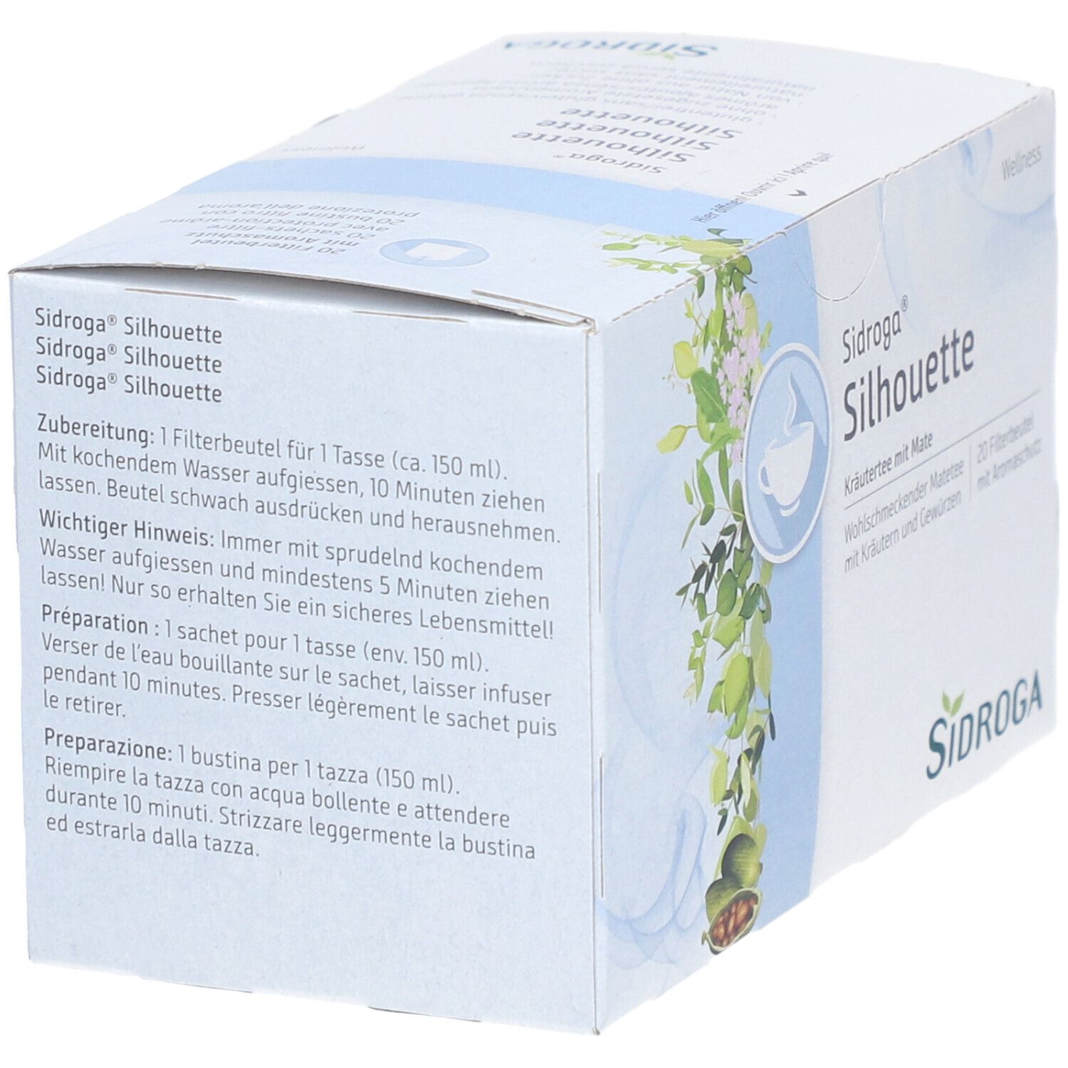 Rückseite der SIDROGA Silhouette Teebox. Zubereitungshinweise in Deutsch, Französisch und Italienisch.