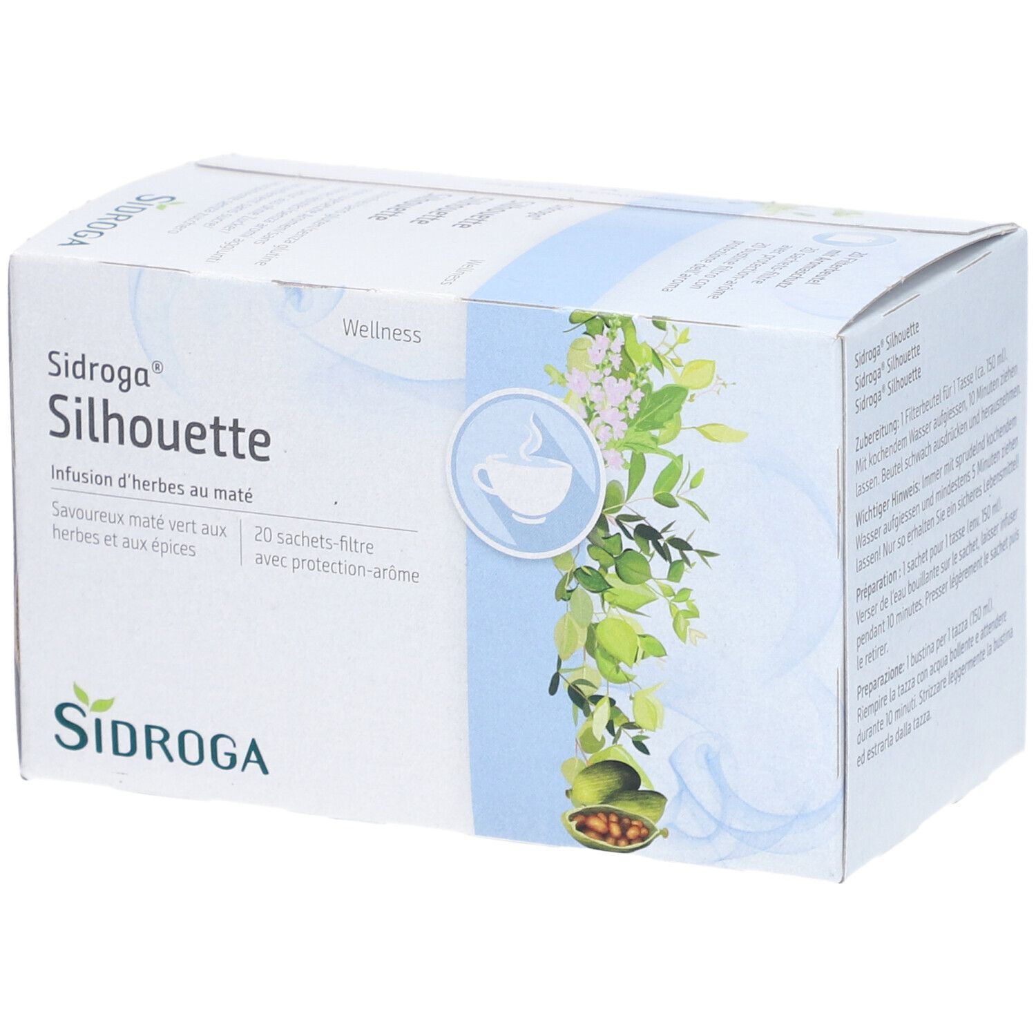 Karton mit SIDROGA Silhouette Kräutertee. 20 Filterbeutel. Produktbezeichnung und Logo.