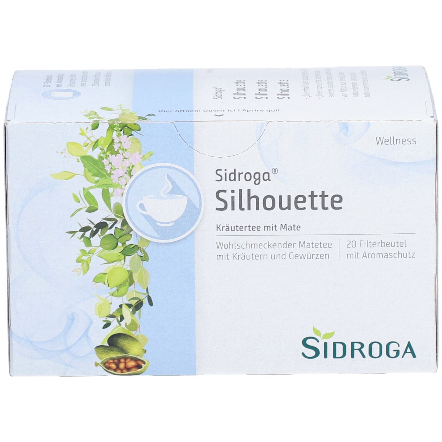 Karton mit SIDROGA Silhouette Kräutertee. 20 Filterbeutel. Logo und Produktbezeichnung.