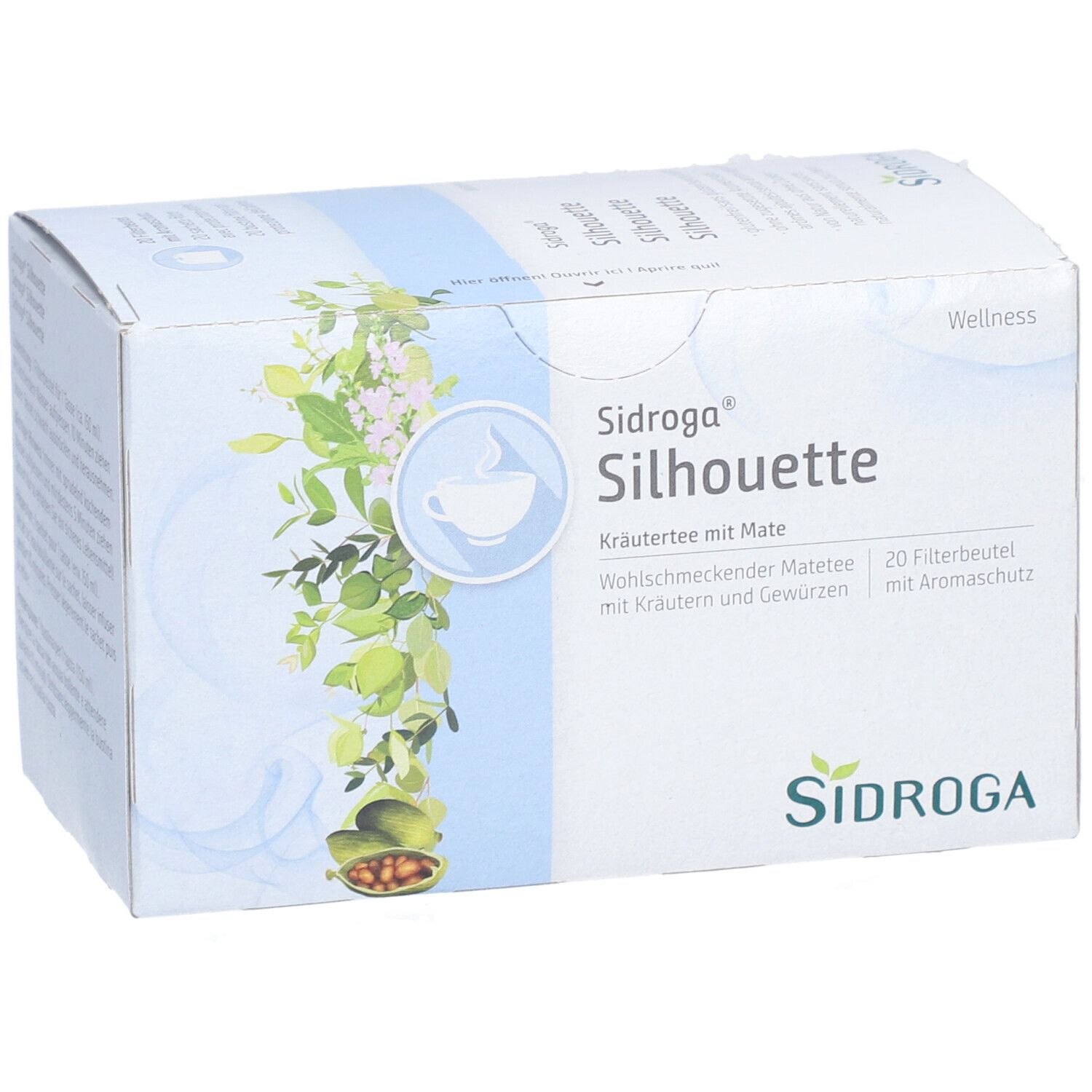 Karton mit SIDROGA Silhouette Kräutertee. 20 Filterbeutel. Logo und Produktbezeichnung.