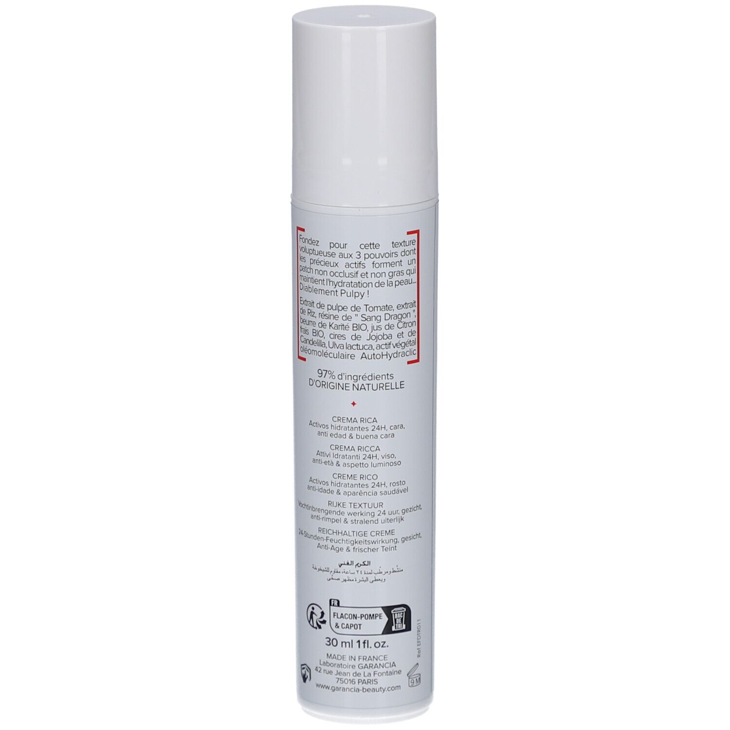 Weiße Tube mit Aufschrift GARANCIA, Diabolique Tomate Crème Riche. Text, 30 ml. Weißer Deckel.