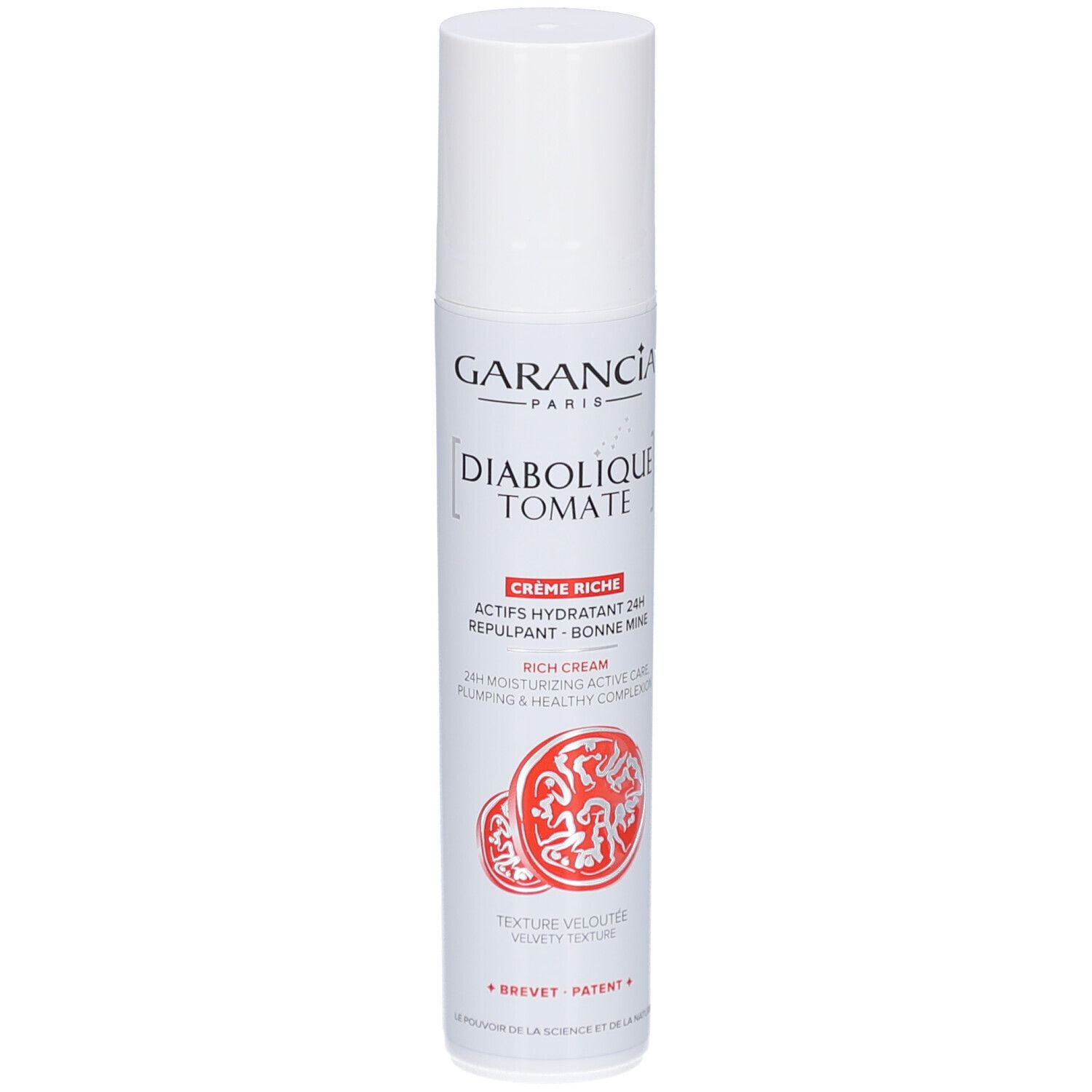 Weiße Tube mit Aufschrift GARANCIA, Diabolique Tomate Crème Riche. Rote Tomaten-Illustration. Deckel.