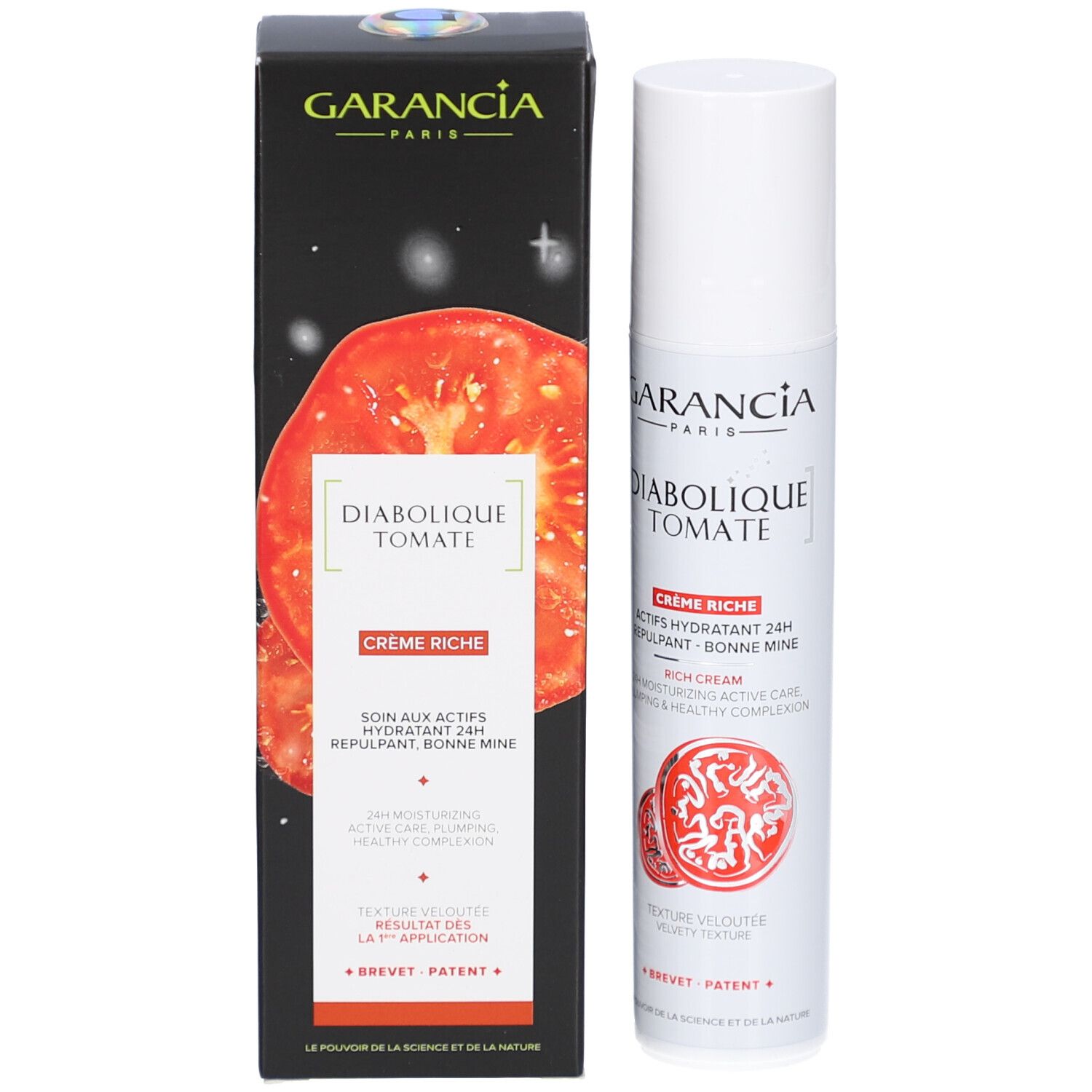 GARANCIA Diabolique Tomate Crème Riche, Tube und Schachtel. Schwarze Schachtel, rote Tomaten-Illustration.