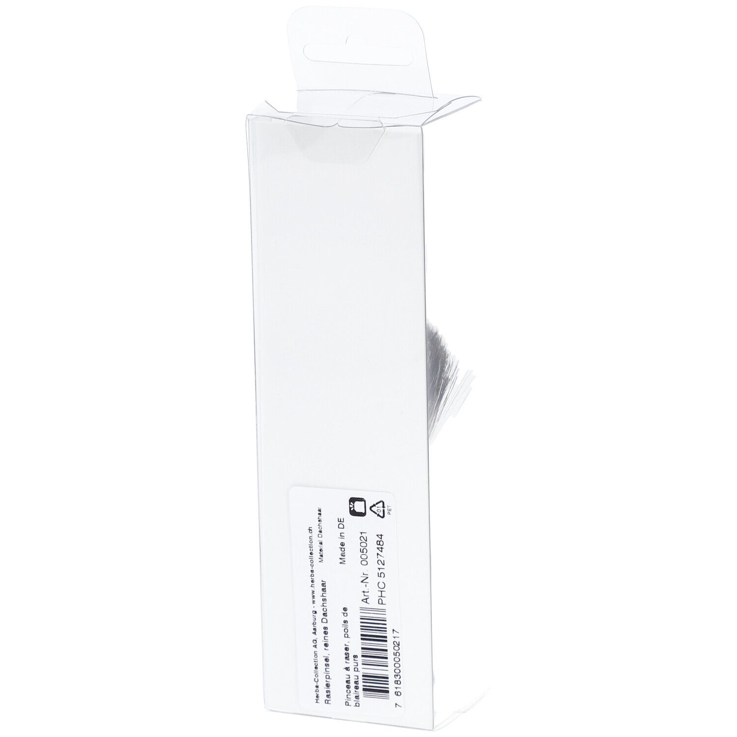 Seitenansicht der transparenten Verpackung mit Rasierpinsel. Produktinformationen und Barcode auf der Rückseite.