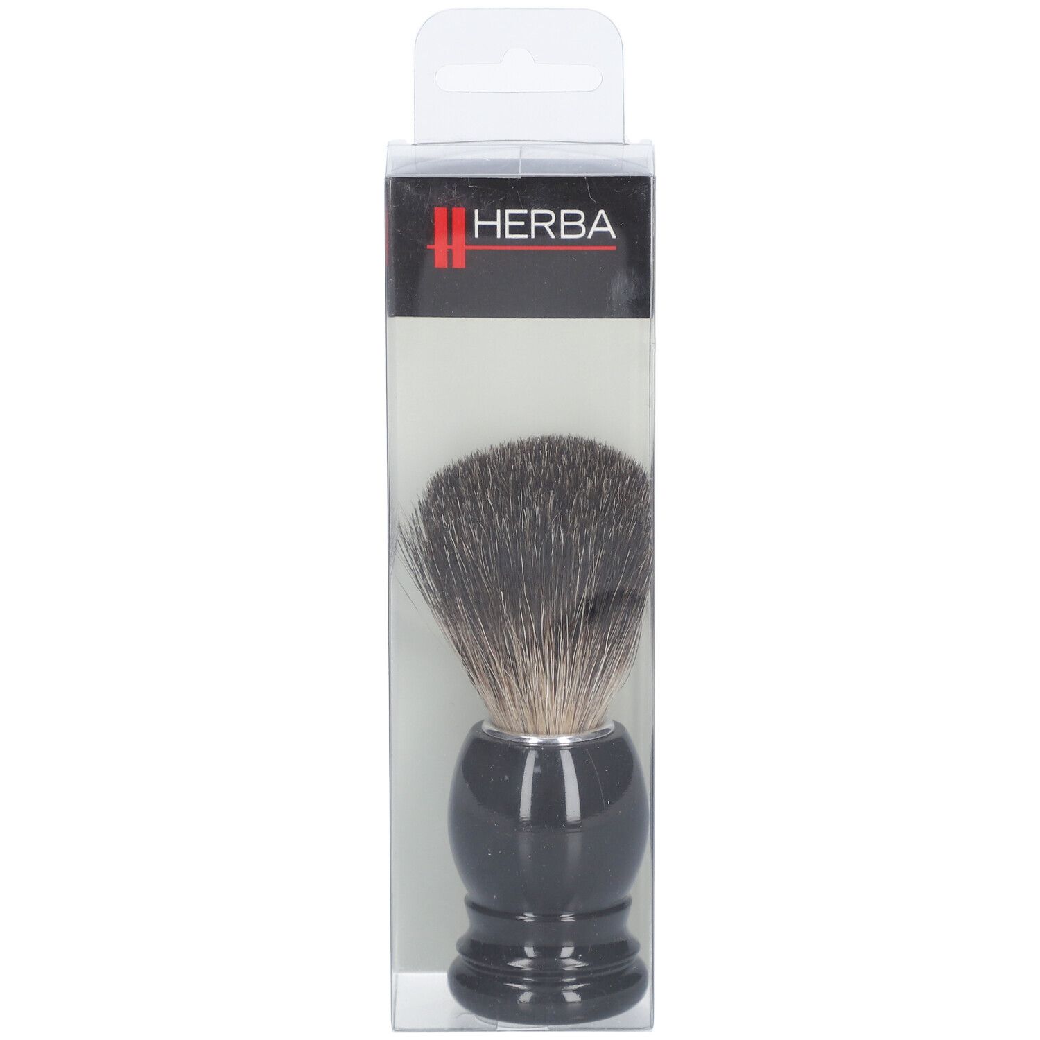 Rasierpinsel mit schwarzem Griff und Dachshaar in transparenter Verpackung. HERBA-Logo oben.