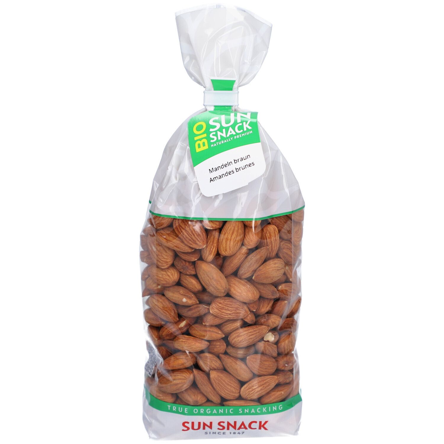 Sachet transparent d'amandes. Inscription: SUN SNACK, BIO, Mandeln braun, Amandes brunes.