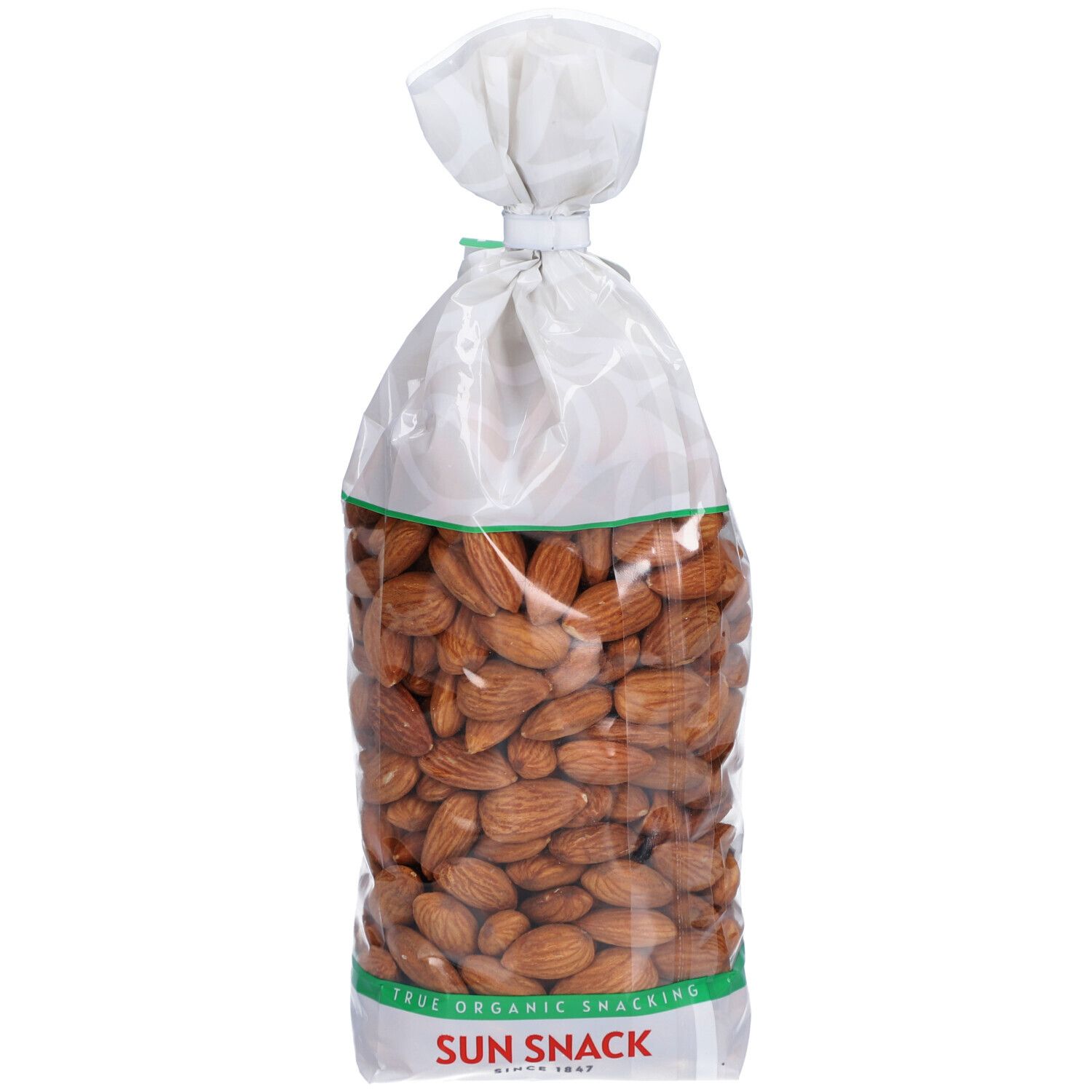 Sachet transparent d'amandes. Inscription: SUN SNACK, BIO, Mandeln braun, Amandes brunes.