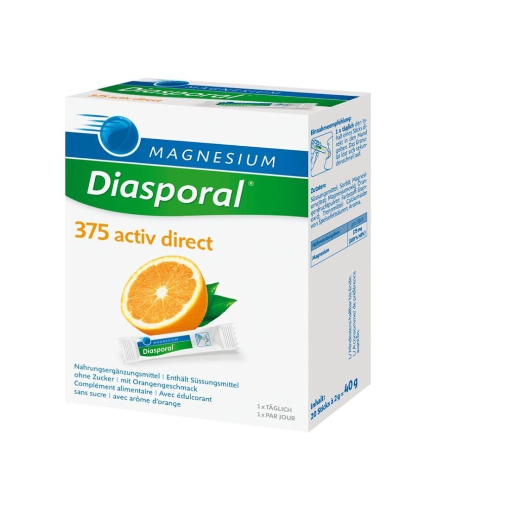Schachtel mit Magnesium Diasporal 375 activ direct. Orange und Stick abgebildet. Text: Nahrungsergänzungsmittel, ohne Zucker, mit Orangengeschmack.
