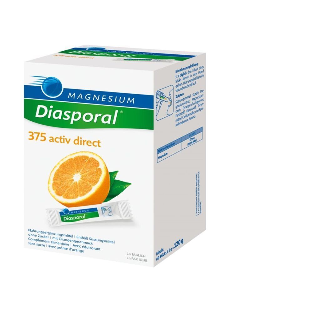 Verpackung von Magnesium Diasporal 375 activ direct. Enthält eine Orange und einen Beutel.