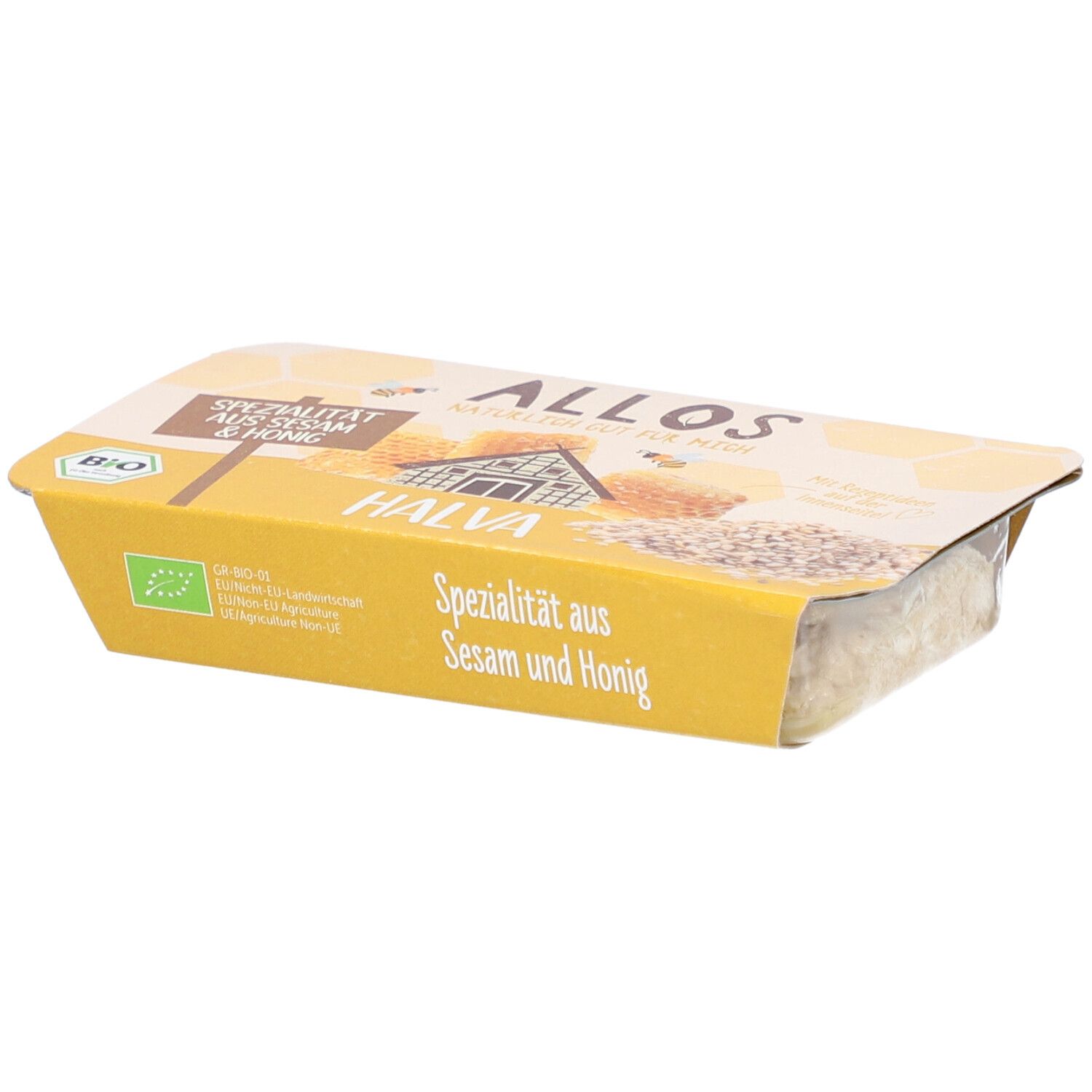 Halva-Verpackung. Gelbe Verpackung mit Aufschrift "Spezialität aus Sesam & Honig". Bio-Siegel.