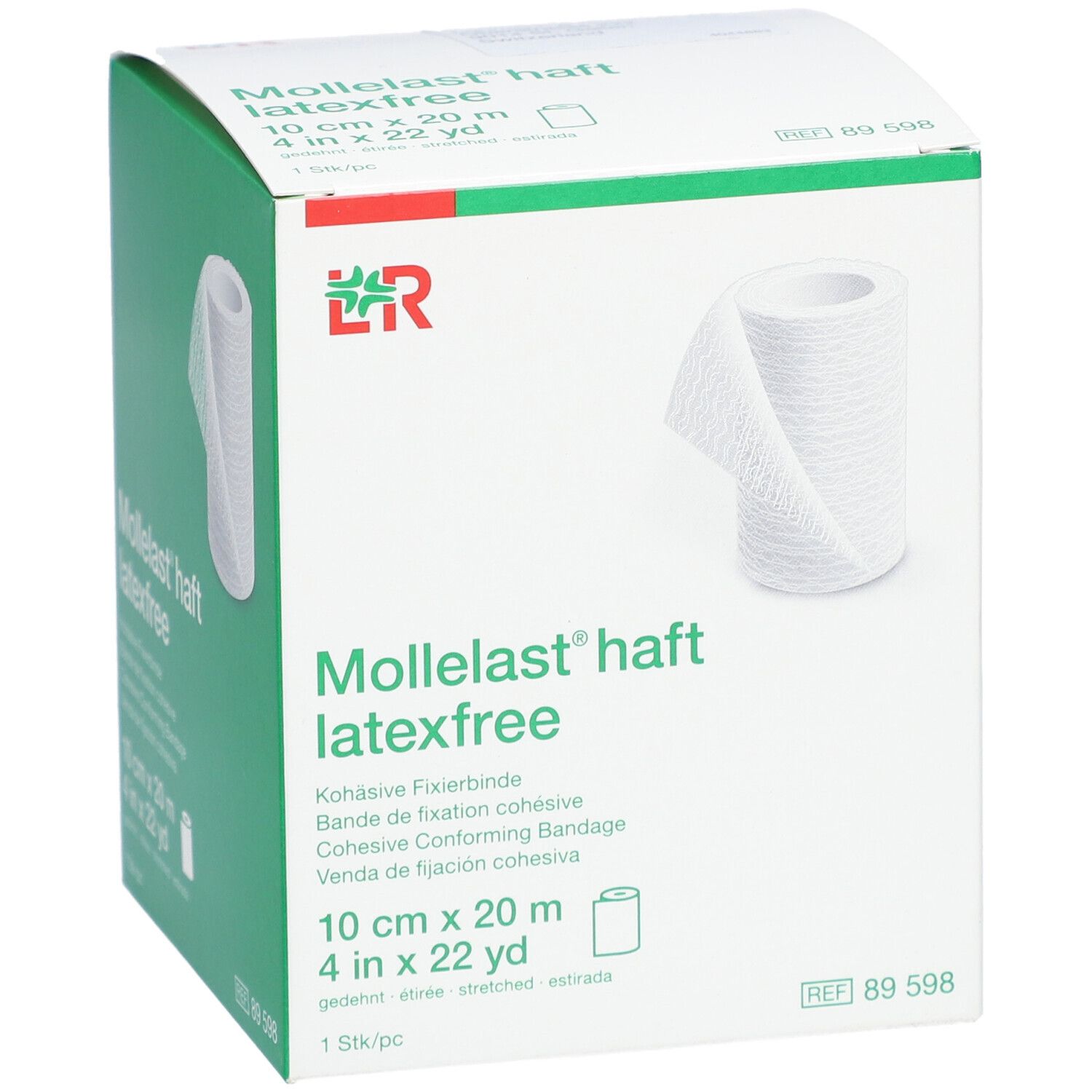Emballage blanc avec bande de fixation roulée. Inscription : Mollelast haft latexfree, 10 cm x 20 m, 1 pc.