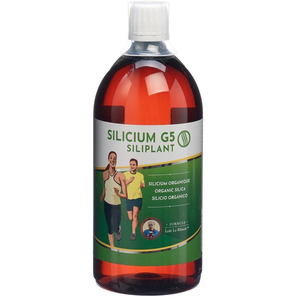 Braune Flüssigkeit in einer Flasche mit weißem Verschluss. Aufschrift SILICIUM G5 SILIPLANT. Abbildung von Läufern.