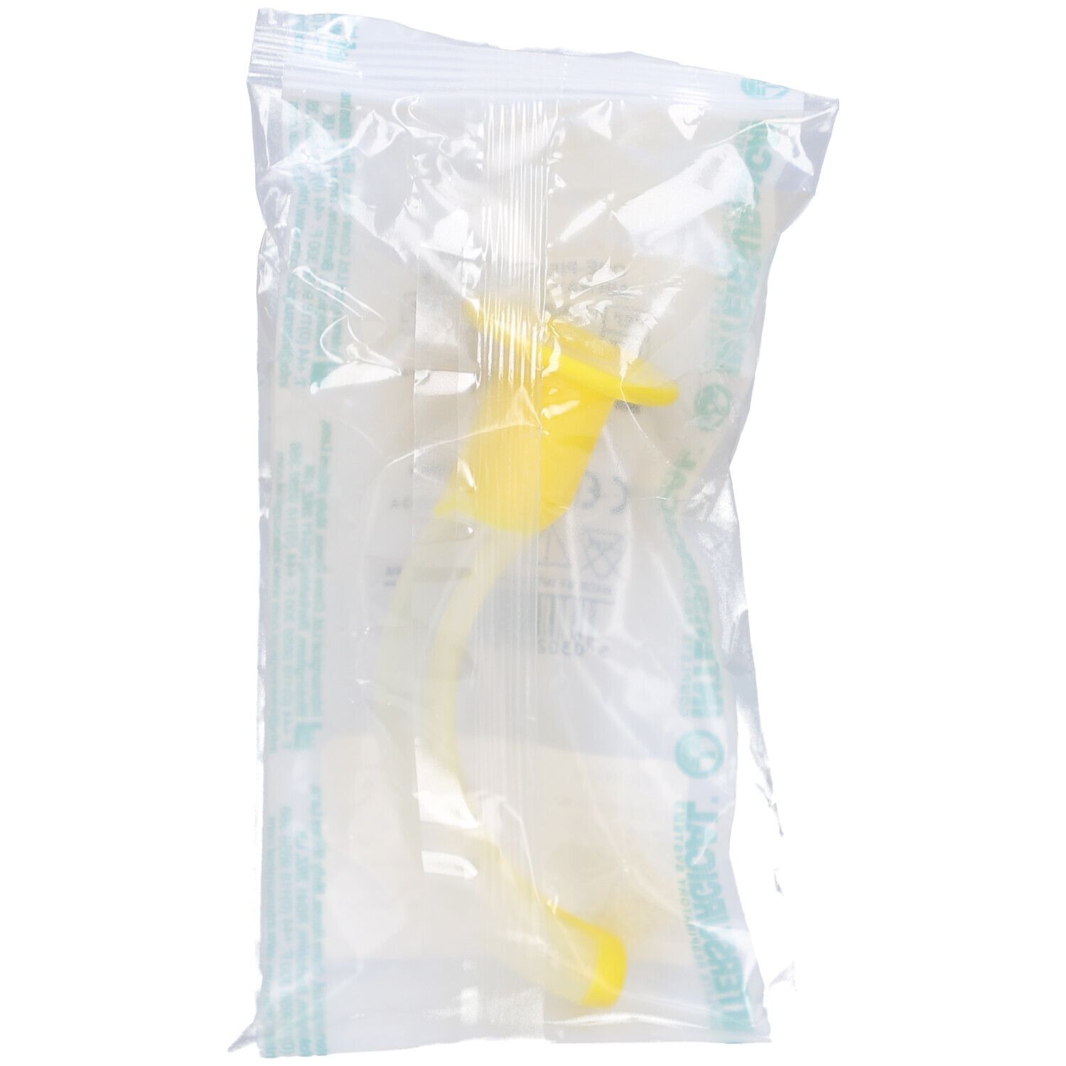 Gelber Guedeltubus in transparenter Verpackung. Sichtbar sind ein gebogener Körper und ein Mundstück.