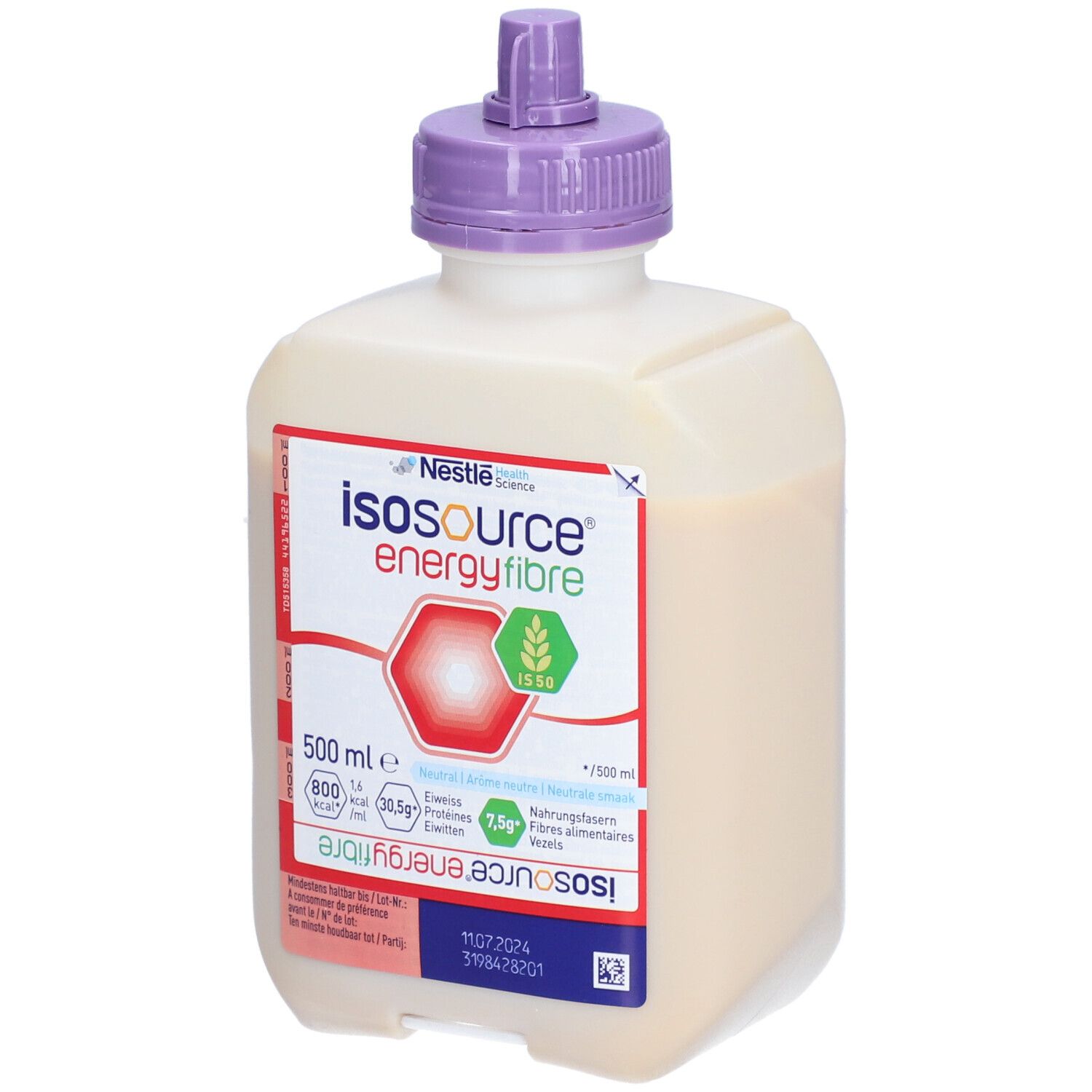 Bouteille Isosource Energy Fibre. Blanche, bouchon violet. Étiquette avec informations produit et logo.