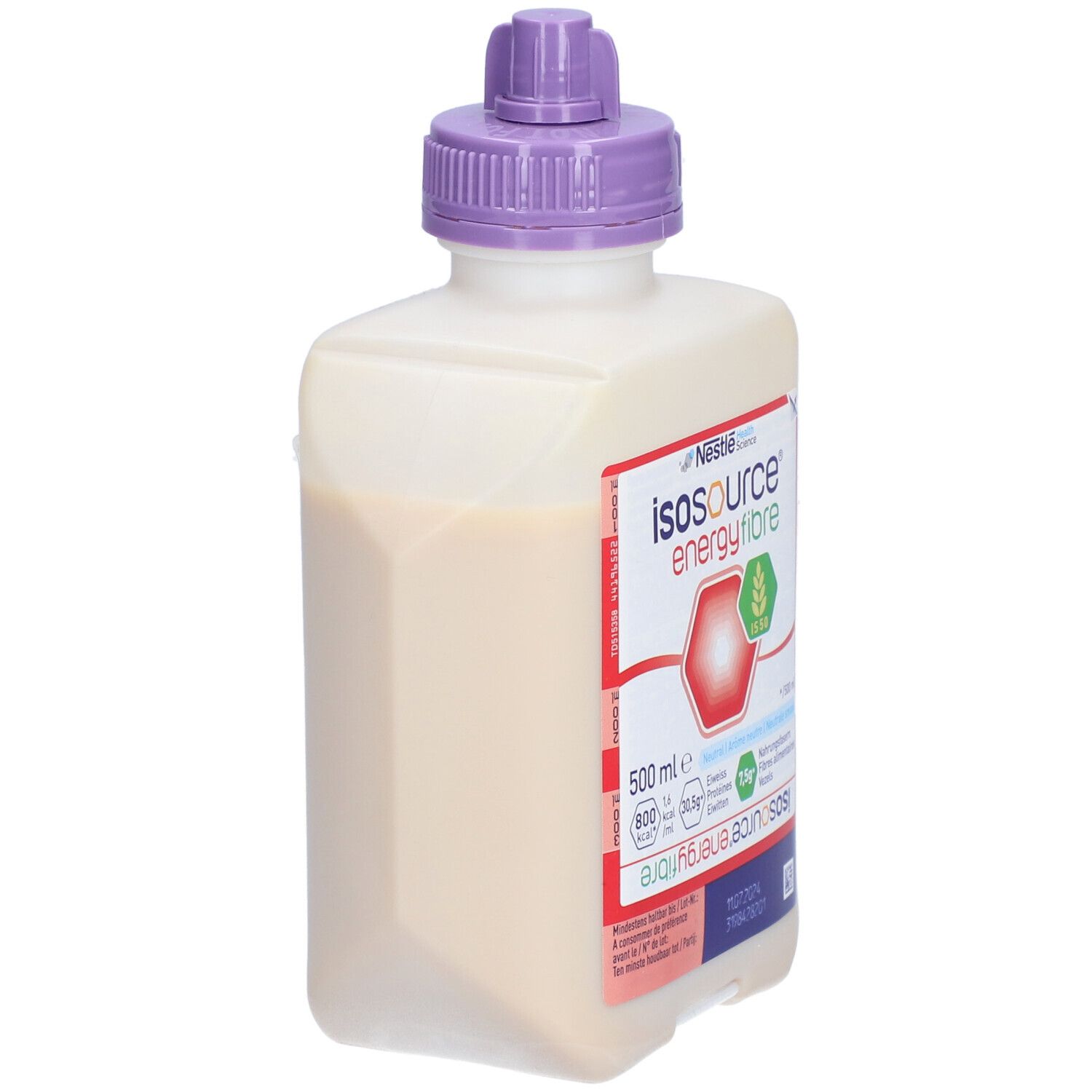 Bouteille Isosource Energy Fibre en biais. Blanche, bouchon violet. Étiquette avec informations produit.