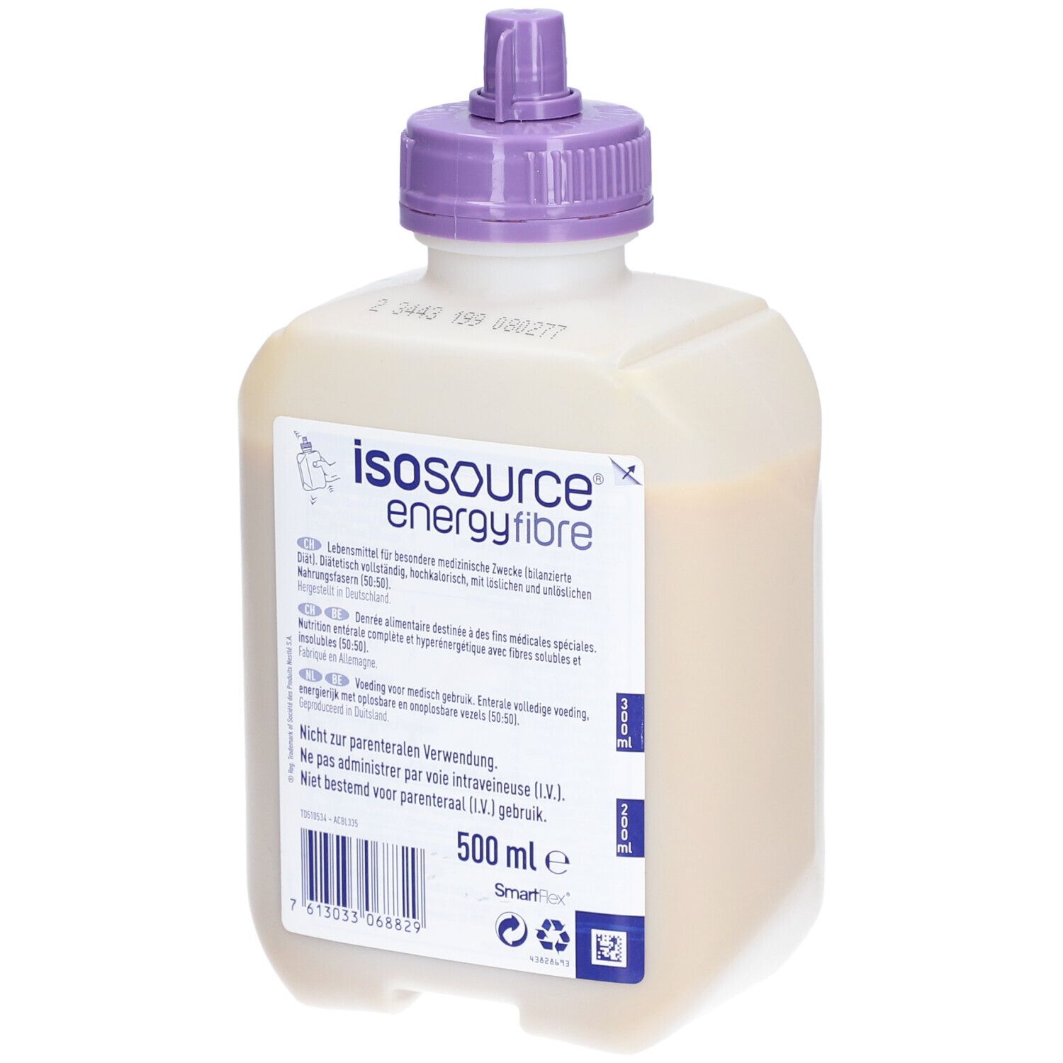 Bouteille Isosource Energy Fibre. Blanche, bouchon violet. Étiquette avec informations et texte.