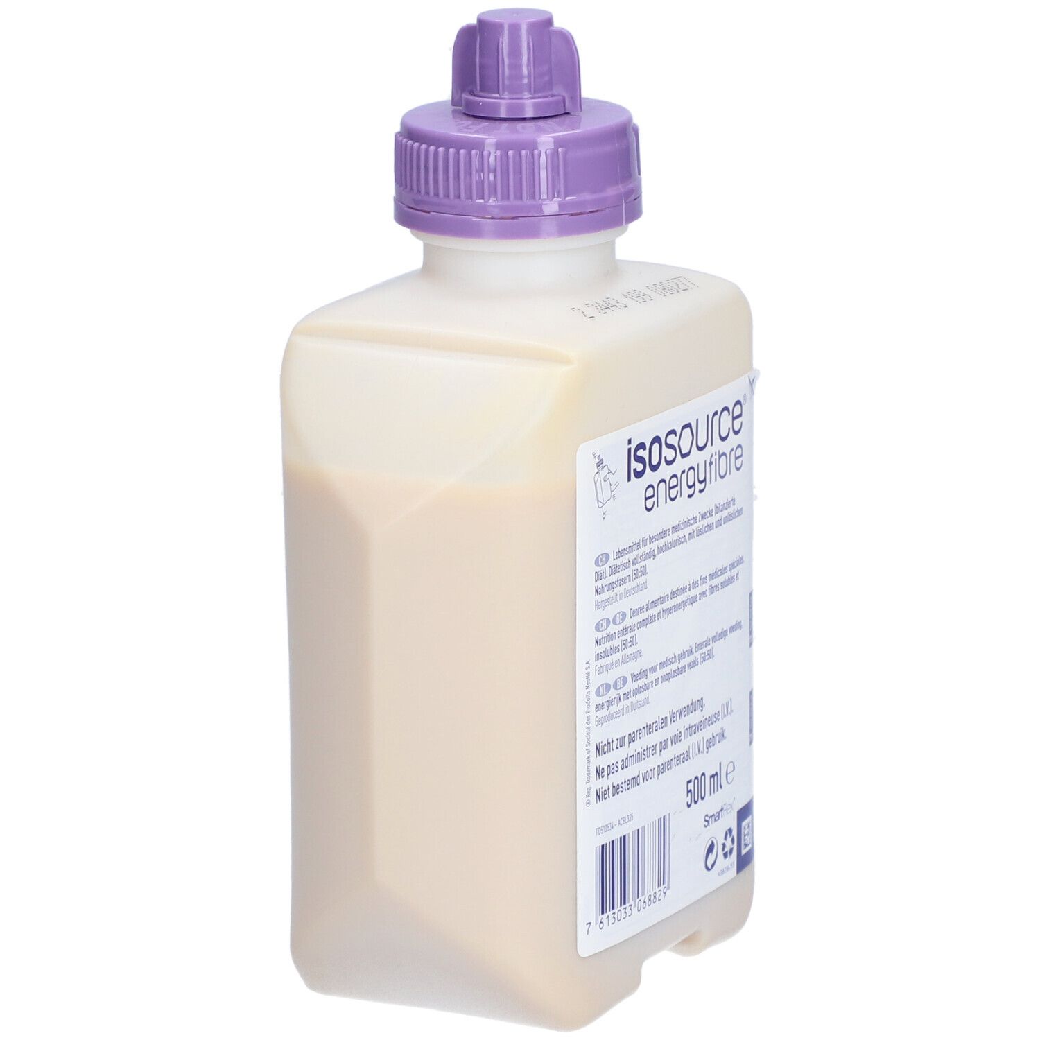Bouteille Isosource Energy Fibre. Blanche, bouchon violet. Étiquette avec informations et texte.