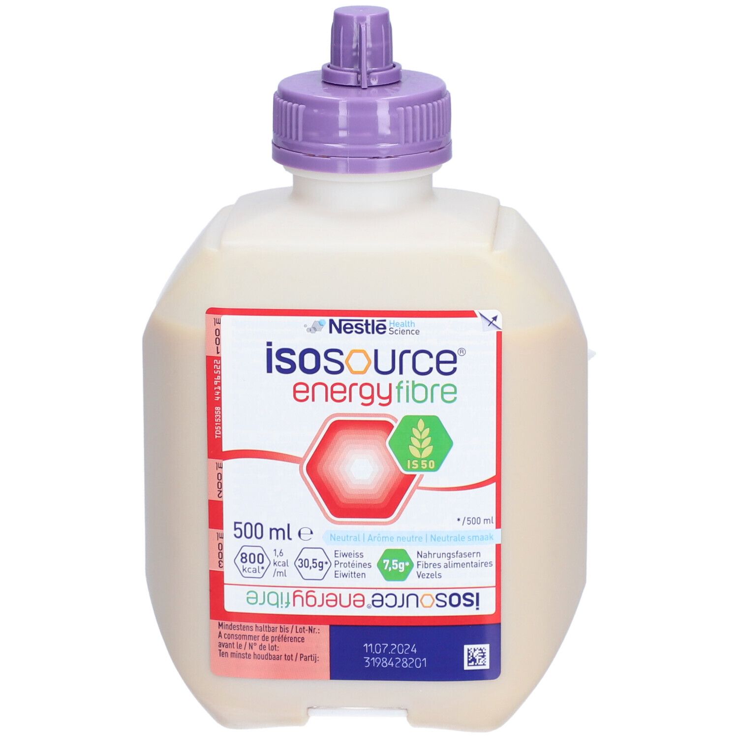 Bouteille Isosource Energy Fibre. Blanche, bouchon violet. Étiquette avec informations et logo.
