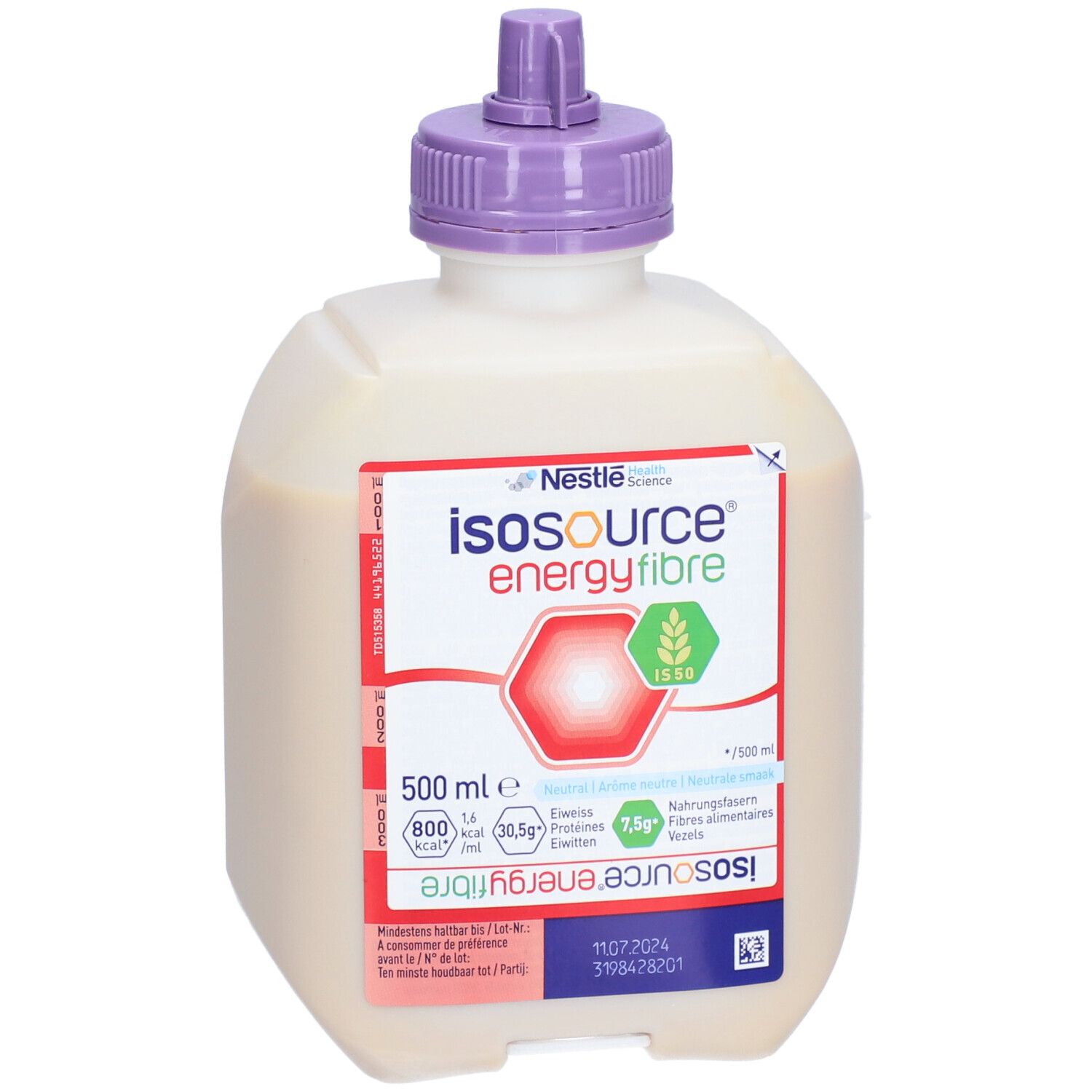 Bouteille Isosource Energy Fibre. Blanche, bouchon violet. Étiquette avec informations et logo.