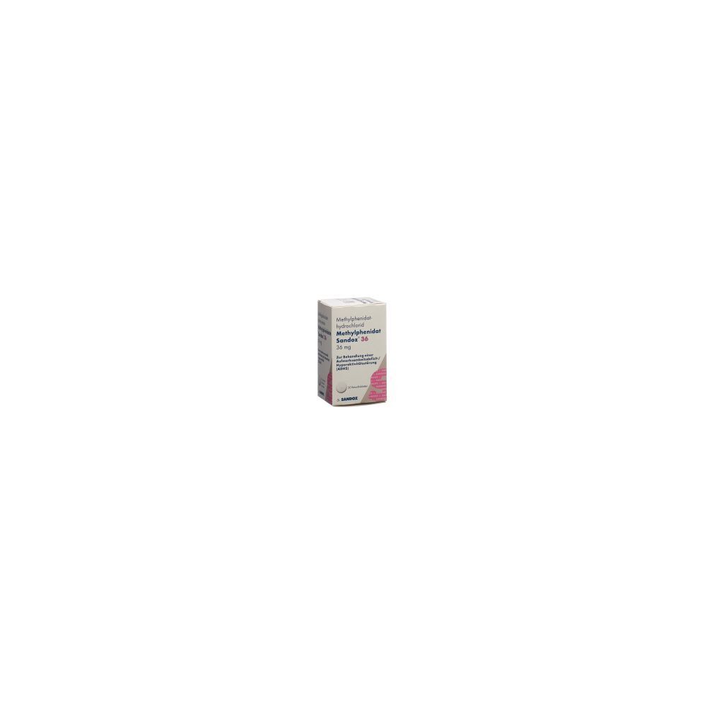Karton mit Produktinformationen. Aufschrift: Methylphenidat Sandoz Ret Tabl 36 mg Ds 30 Stk. Rosa und weiße Farbgebung.
