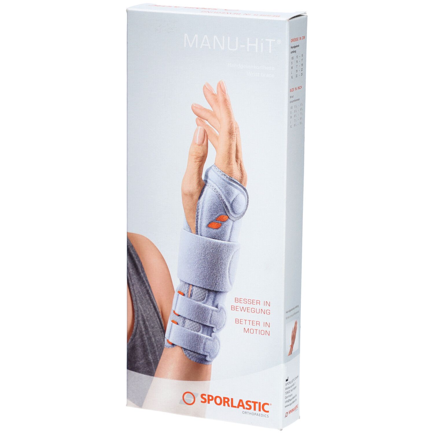 Verpackung der Handgelenkorthese. Aufdruck: MANU-HIT, SPORLASTIC. Abbildung: Hand mit Orthese. Text: BESSER IN BEWEGUNG.