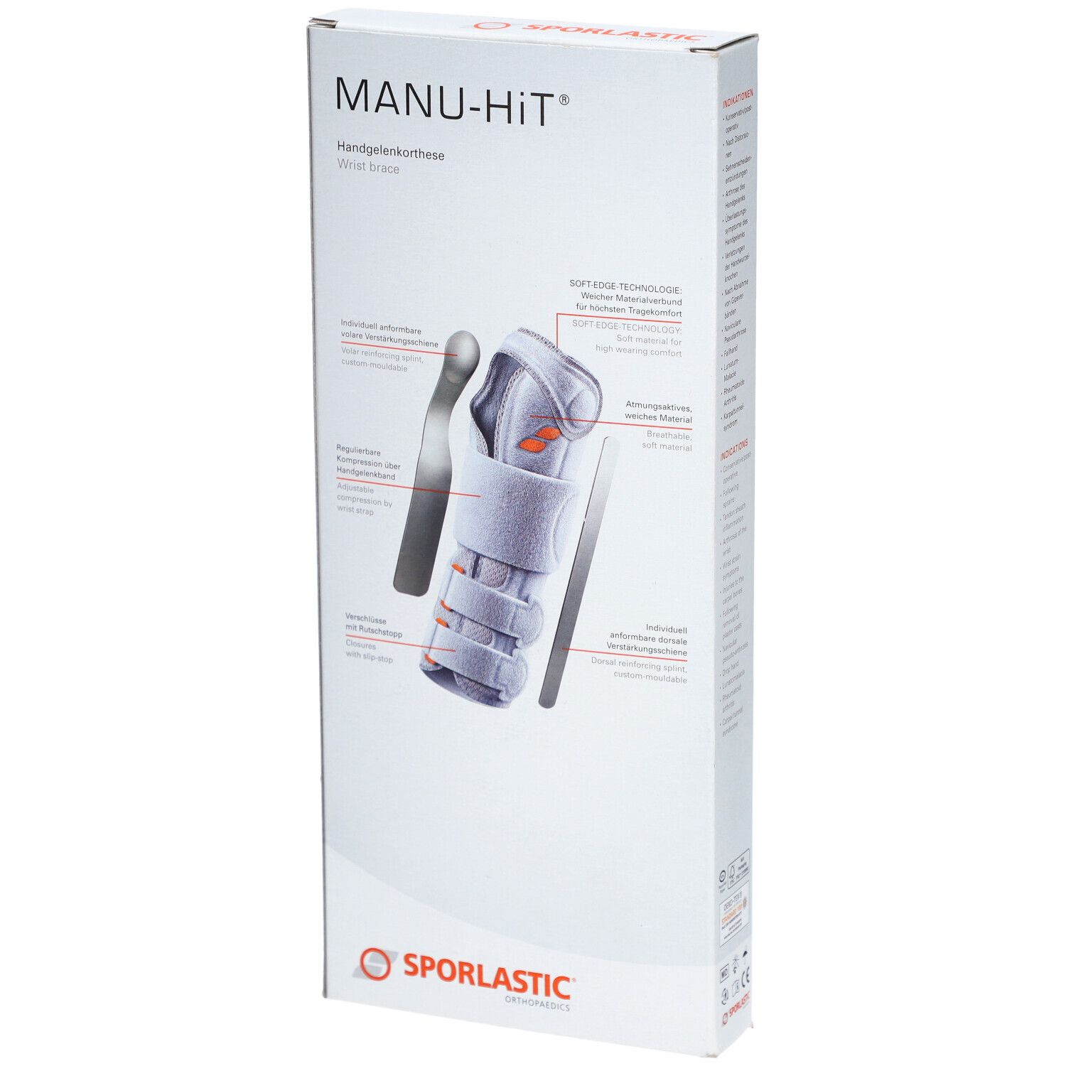 Verpackung der Handgelenkorthese. Aufdruck: MANU-HIT, SPORLASTIC. Abbildung: Orthese und Handgelenk. Text: SOFTTECHNOLOGIE.