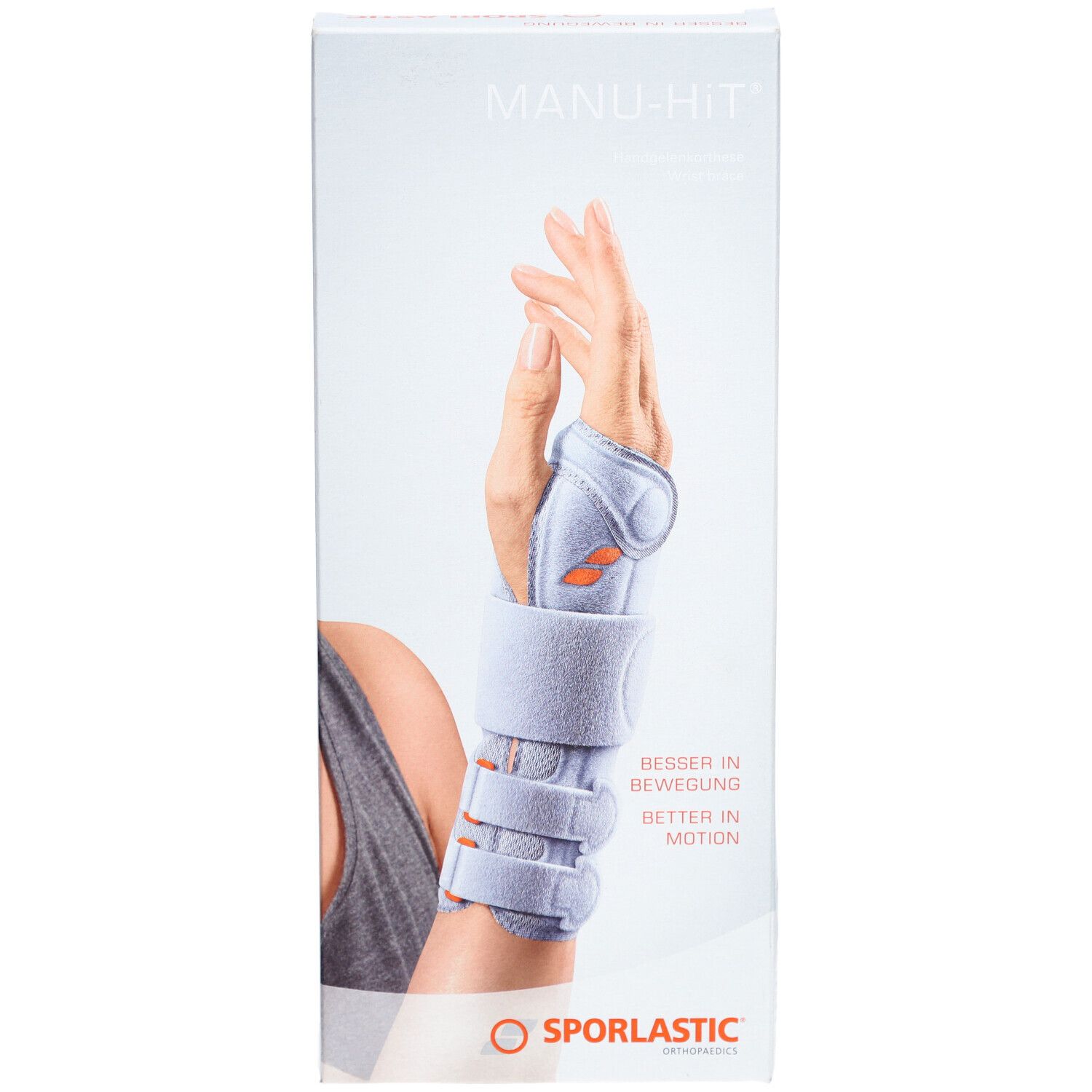 Verpackung der Handgelenkorthese. Aufdruck: MANU-HIT, SPORLASTIC. Abbildung: Hand mit Orthese. Text: BESSER IN BEWEGUNG.