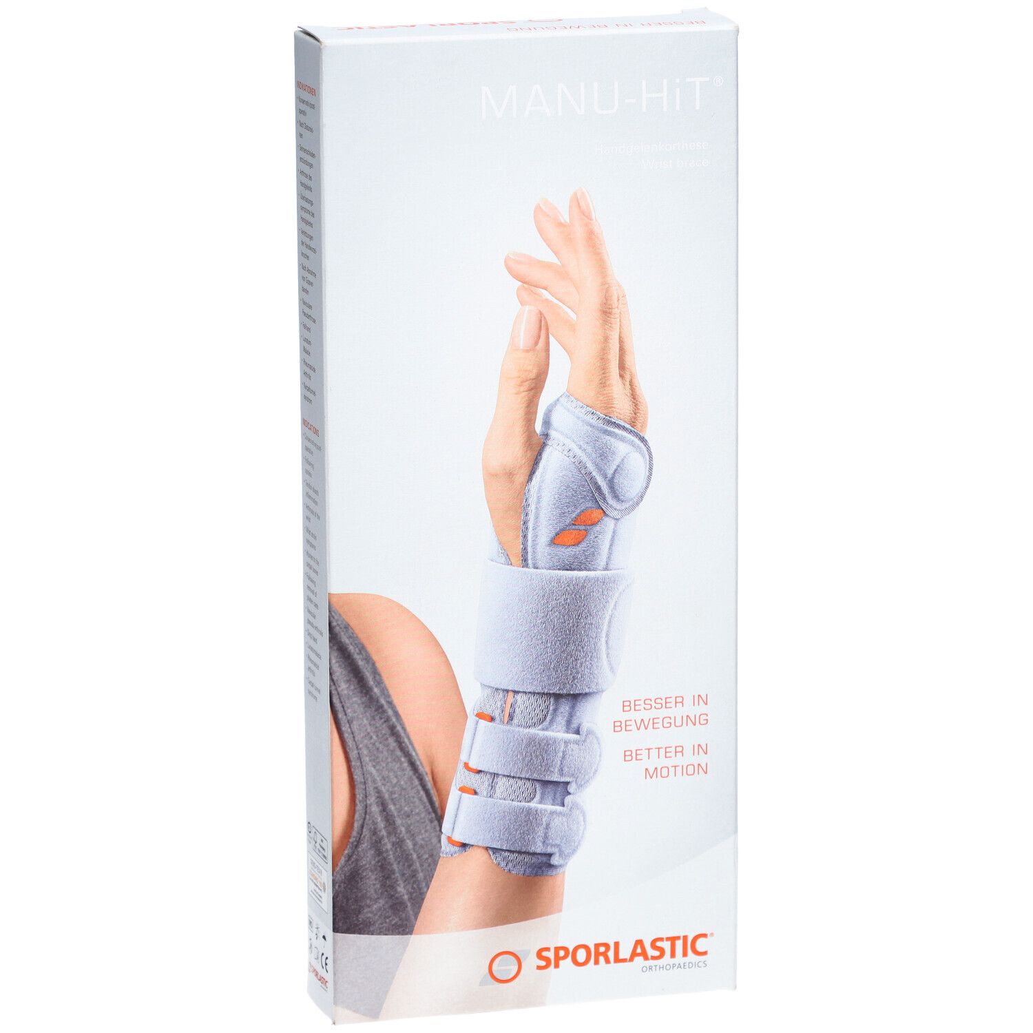 Verpackung der Handgelenkorthese. Aufdruck: MANU-HIT, SPORLASTIC. Abbildung: Hand mit Orthese. Text: BESSER IN BEWEGUNG.