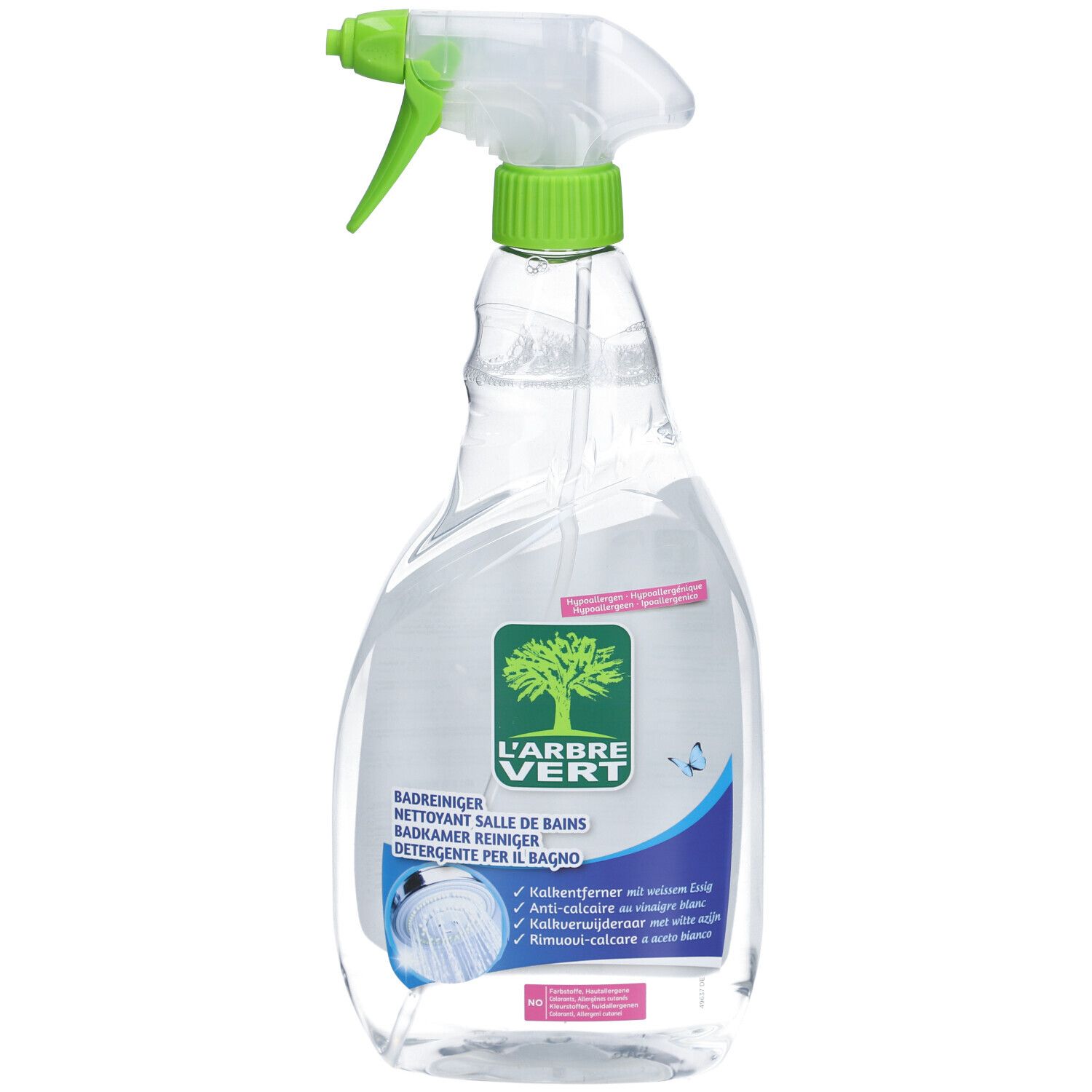 Sprühflasche mit grünem Sprühkopf. L'ARBRE VERT Badezimmer-Reiniger. Etikett mit Produktinformationen und Logo.