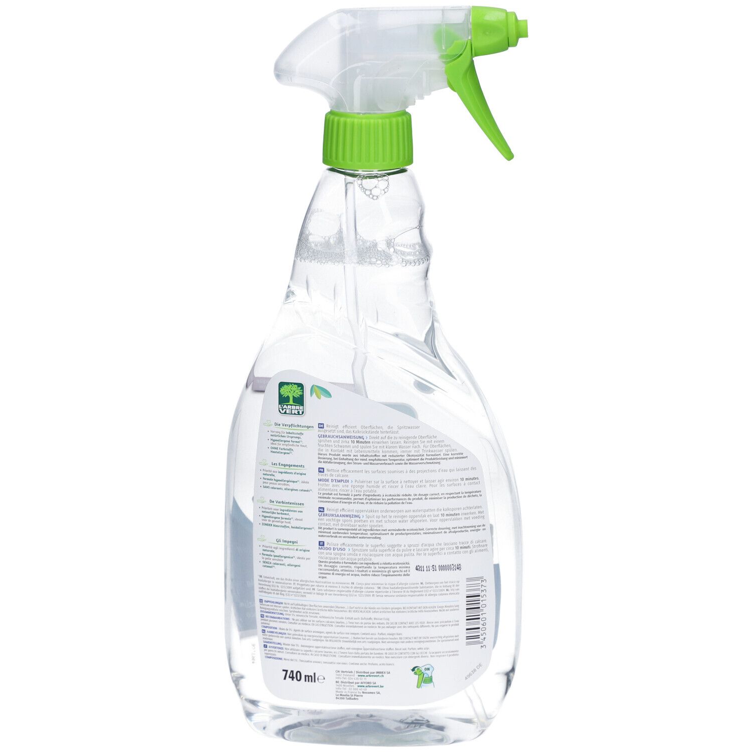 Rückansicht der Sprühflasche. L'ARBRE VERT Badezimmer-Reiniger. Etikett mit Text und Logo. Volumen: 740 ml.