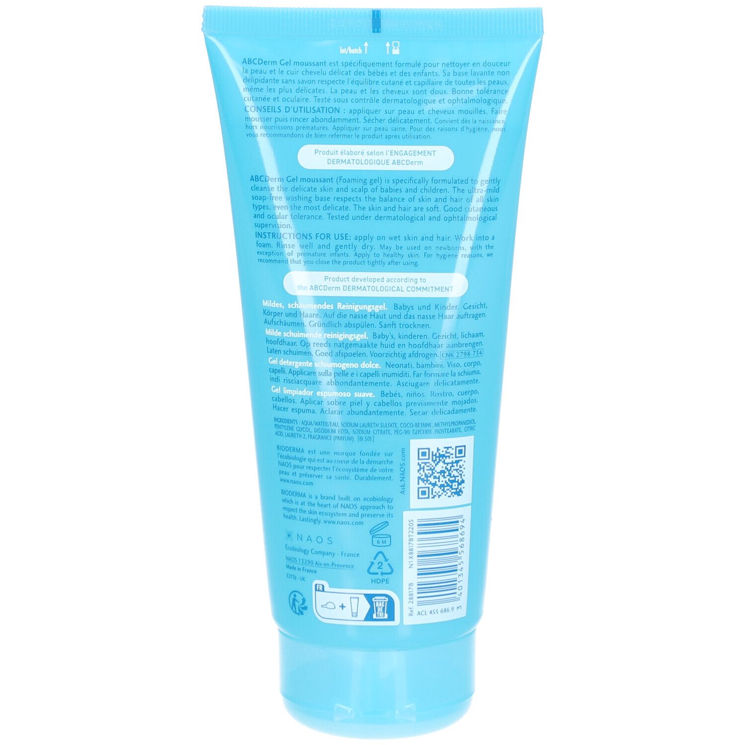 Dos du tube bleu clair Bioderma ABCDerm Moussant. Texte multilingue. Code QR et logos.