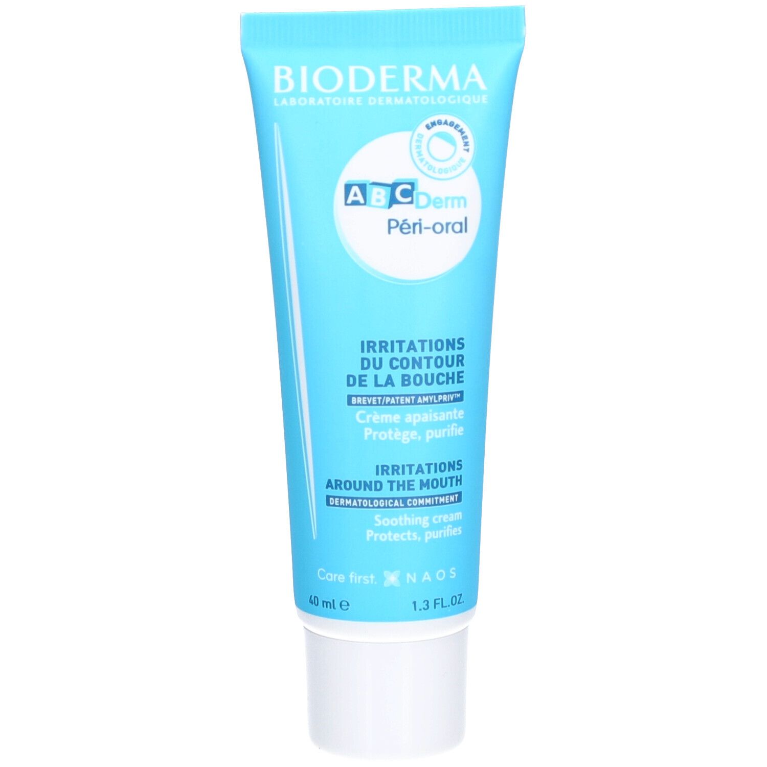 Tube bleu et blanc "Bioderma ABC Derm Péri-oral". Contient 40 ml de crème. Texte en français et anglais.