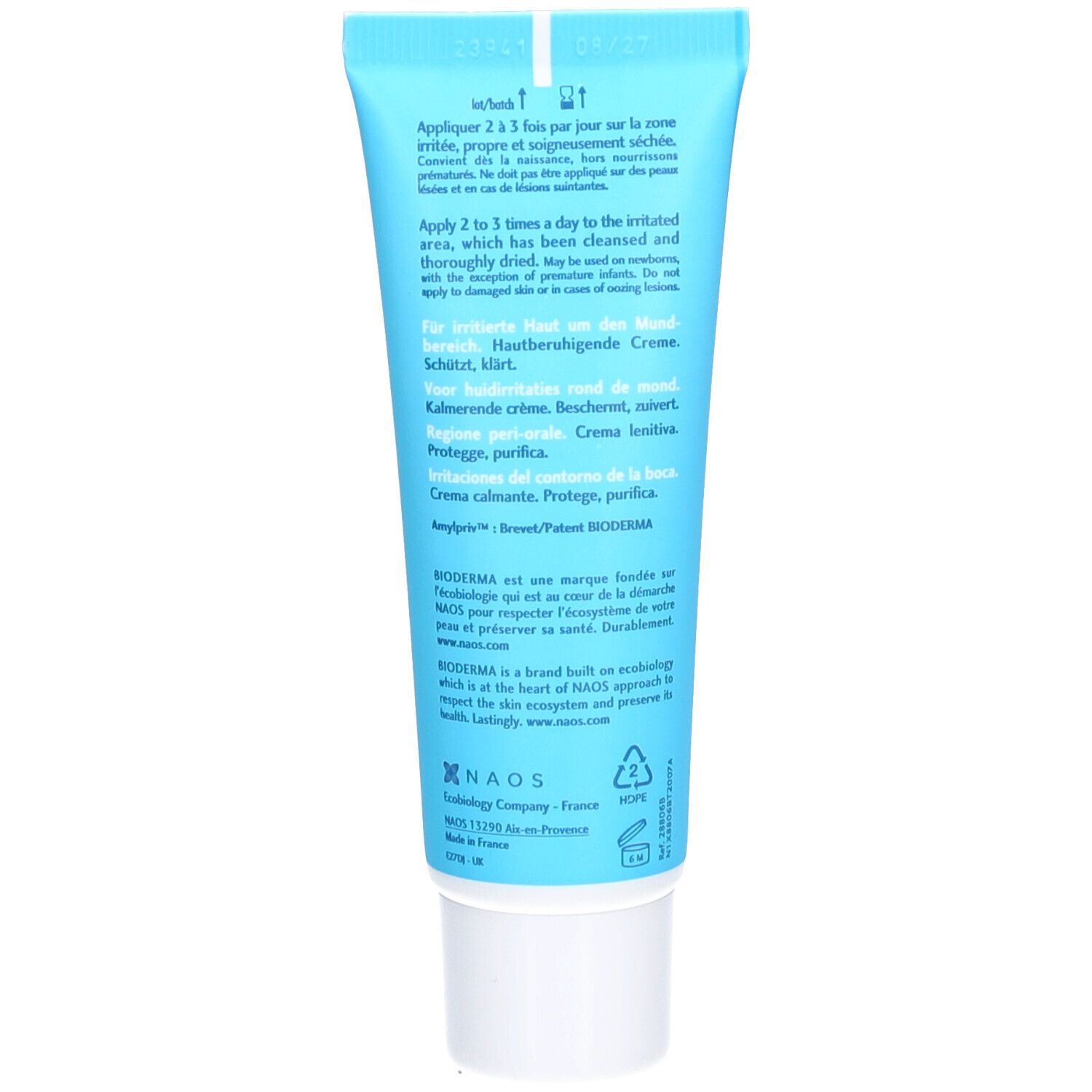 Dos du tube. Contient des instructions et des ingrédients en plusieurs langues. Marque : Bioderma.