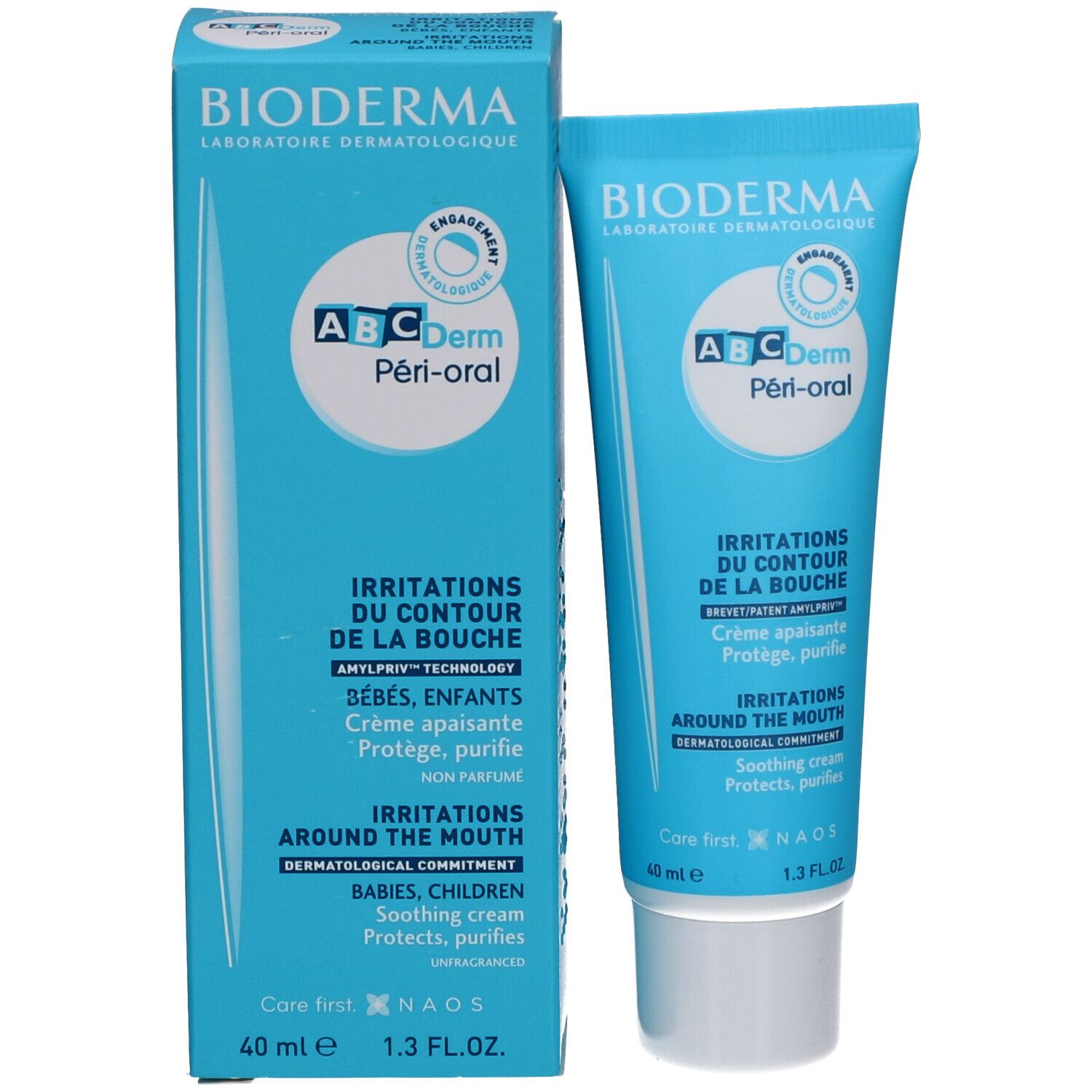 Emballage du produit : tube et boîte. Les deux sont bleus et blancs avec le logo "Bioderma ABC Derm Péri-oral". 40 ml de crème.