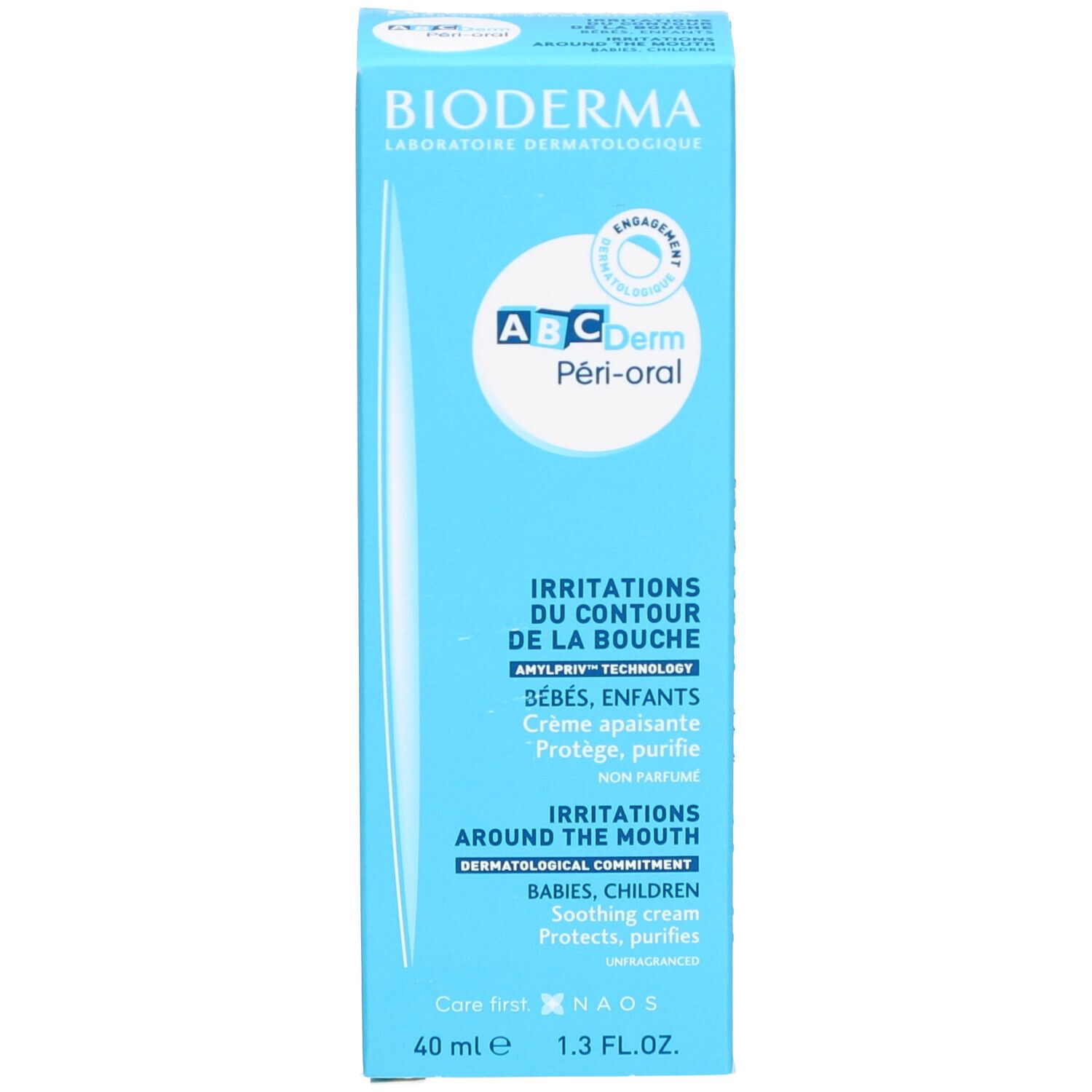 Boîte bleue avec le logo "Bioderma ABC Derm Péri-oral". Contient des informations sur les ingrédients et l'utilisation.