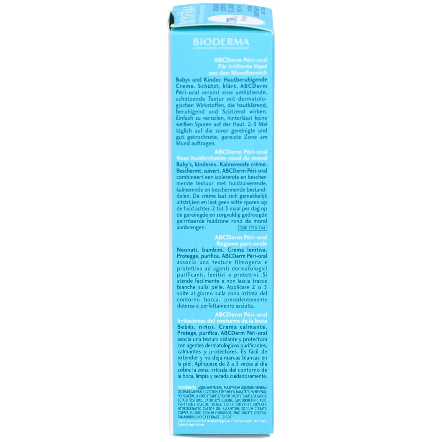 Boîte bleue avec texte en plusieurs langues. Contient des informations sur "Bioderma ABC Derm Péri-oral".
