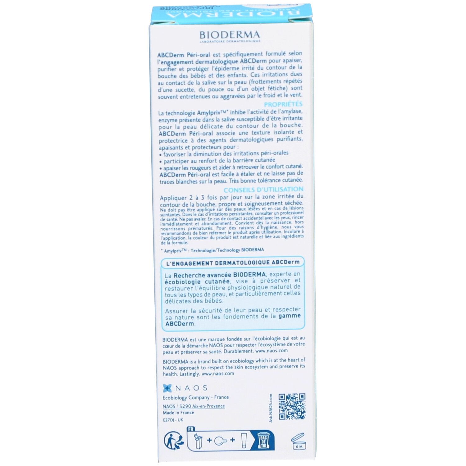 Boîte bleue, vue détaillée. Texte en plusieurs langues, informations sur "Bioderma ABC Derm Péri-oral".