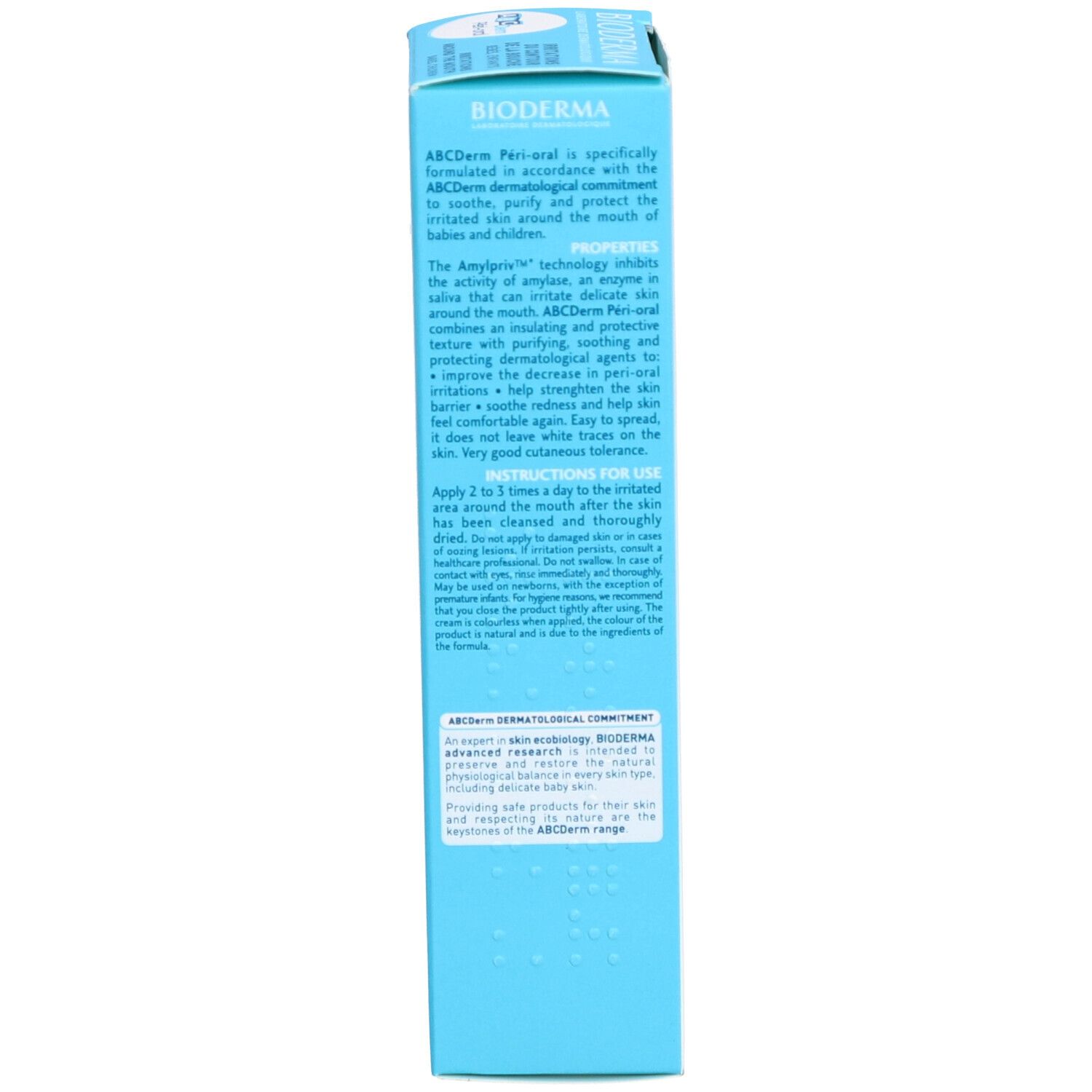 Boîte bleue, vue détaillée. Contient des informations sur "Bioderma ABC Derm Péri-oral" et son utilisation.