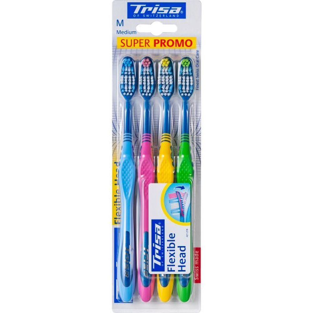 Ensemble de brosses à dents avec quatre brosses bleues, roses, jaunes et vertes. Têtes flexibles, soies bleues. Emballage avec logo Trisa.