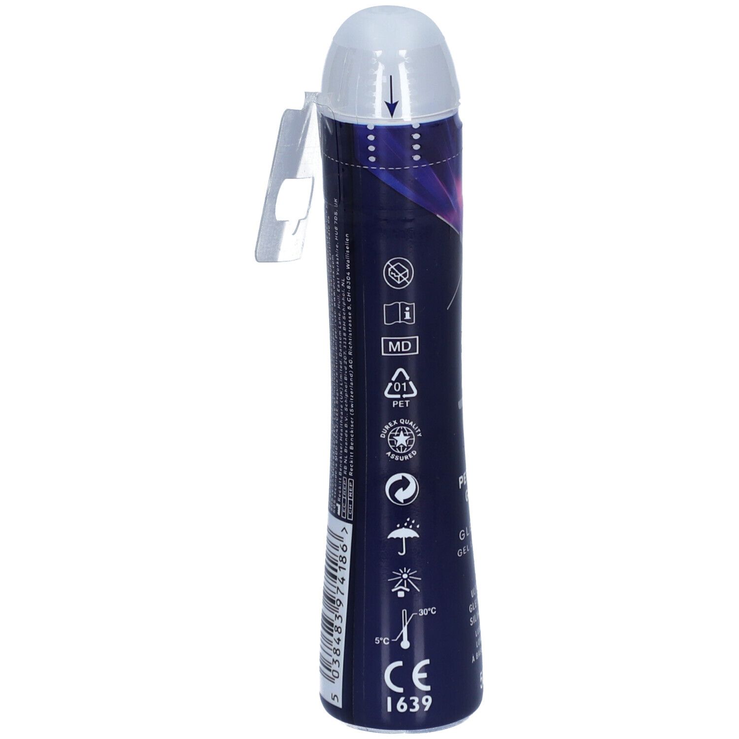Dos du flacon de gel Durex Perfect Glide. Contient des informations et des symboles. Avec dispositif de suspension.