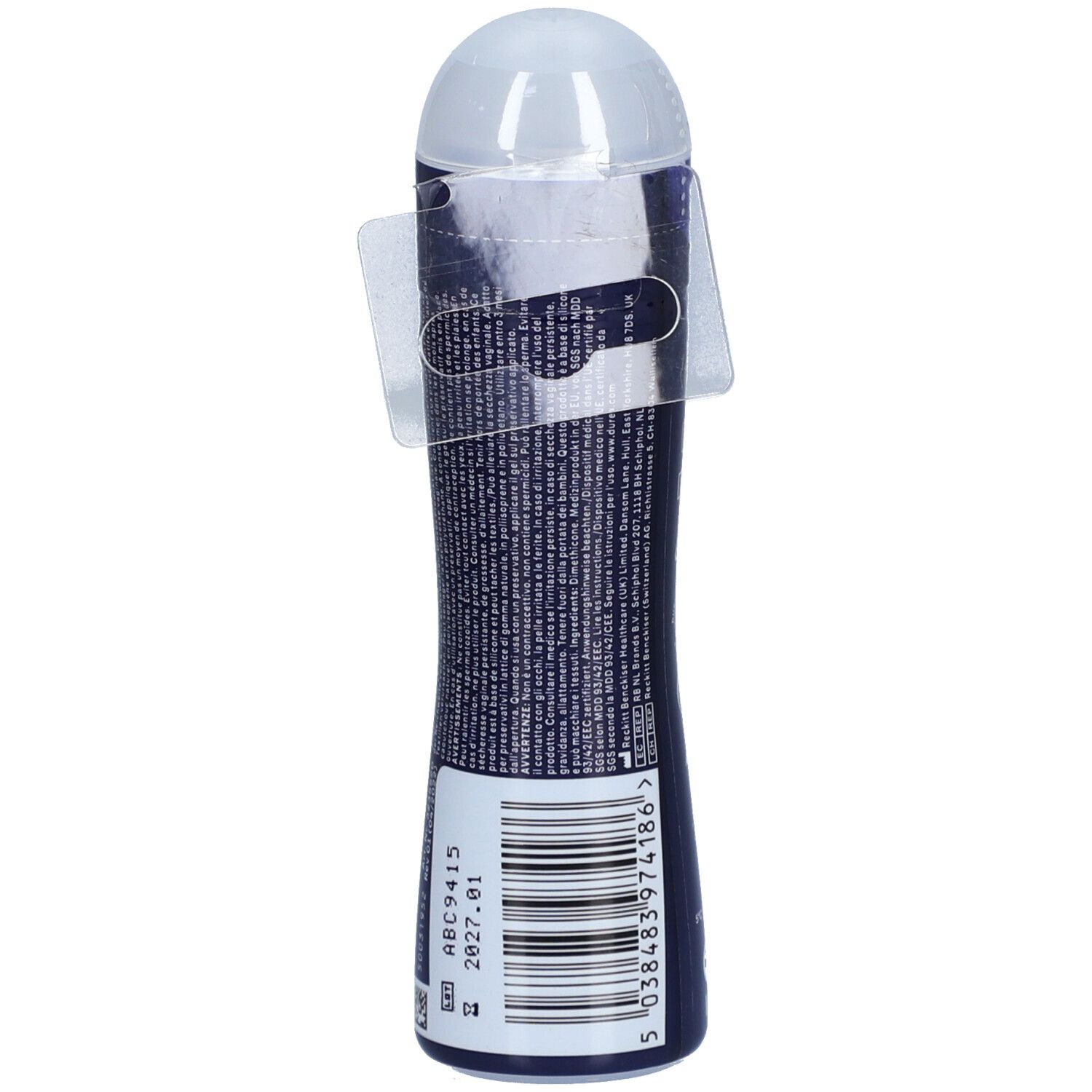 Dos du flacon de gel Durex Perfect Glide. Code-barres et numéro de lot. Avec dispositif de suspension.